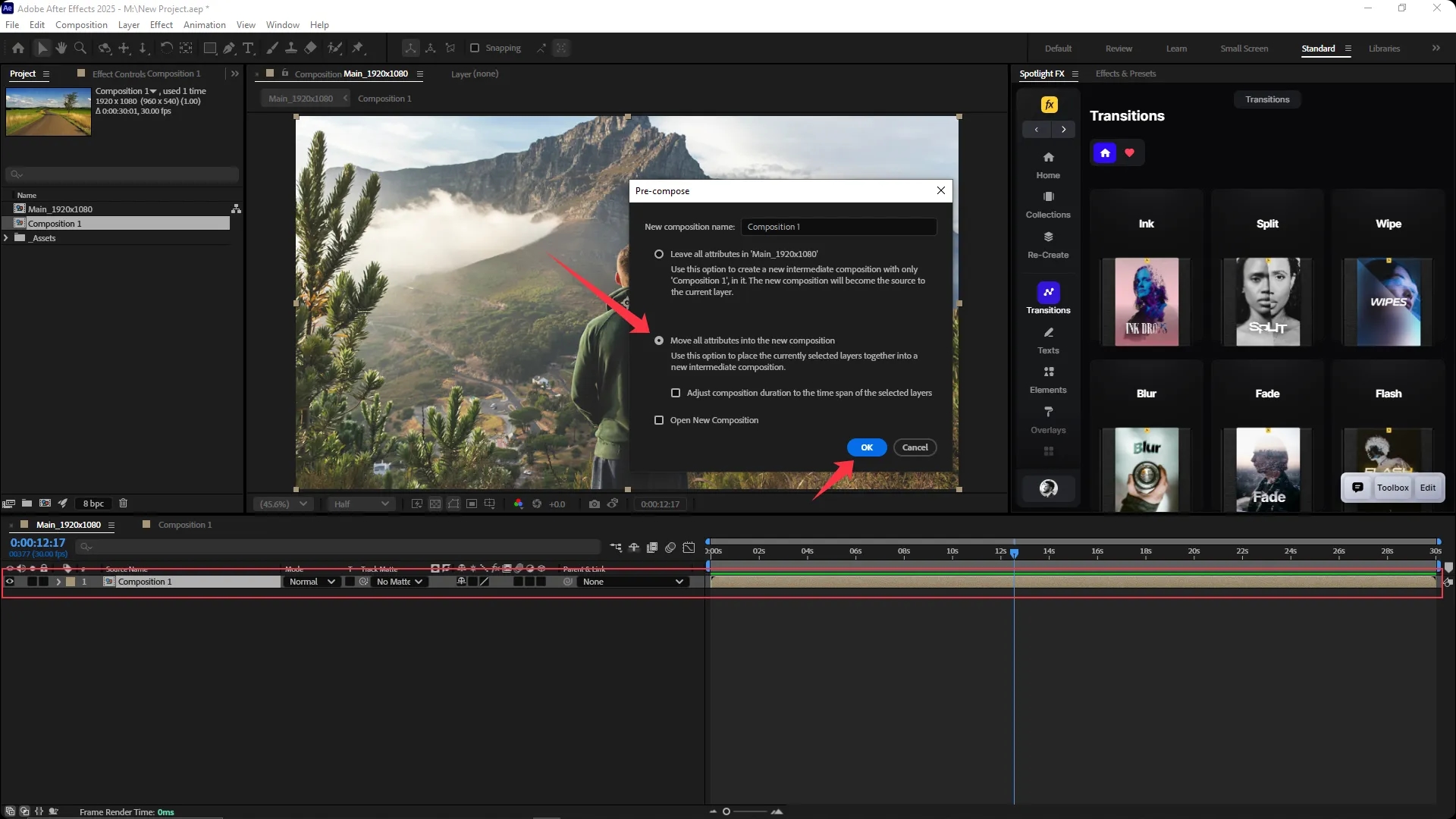 Adobe After Effects interface with the Pre-compose dialog box open, showing the option "Move all attributes into the new composition" selected and a new composition name entered as "Composition 1"