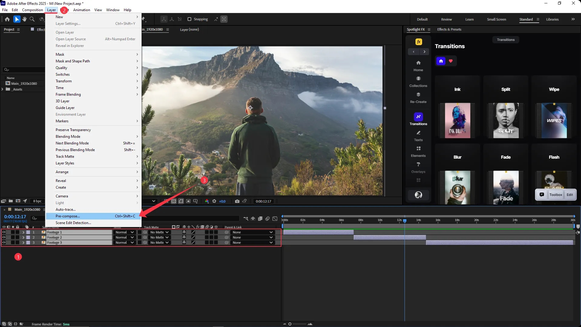 Adobe After Effects interface with the Layer menu open and the "Pre-compose" option highlighted, while the Timeline panel shows three video layers labeled Footage 1, Footage 2, and Footage 3