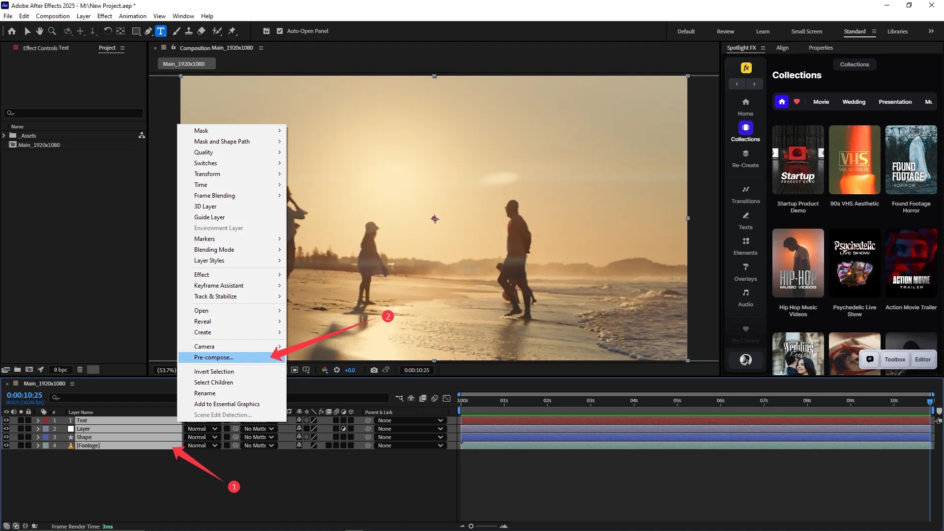 Timeline panel with multiple layers selected, context menu open showing the "Pre-compose" option highlighted in the Composition panel