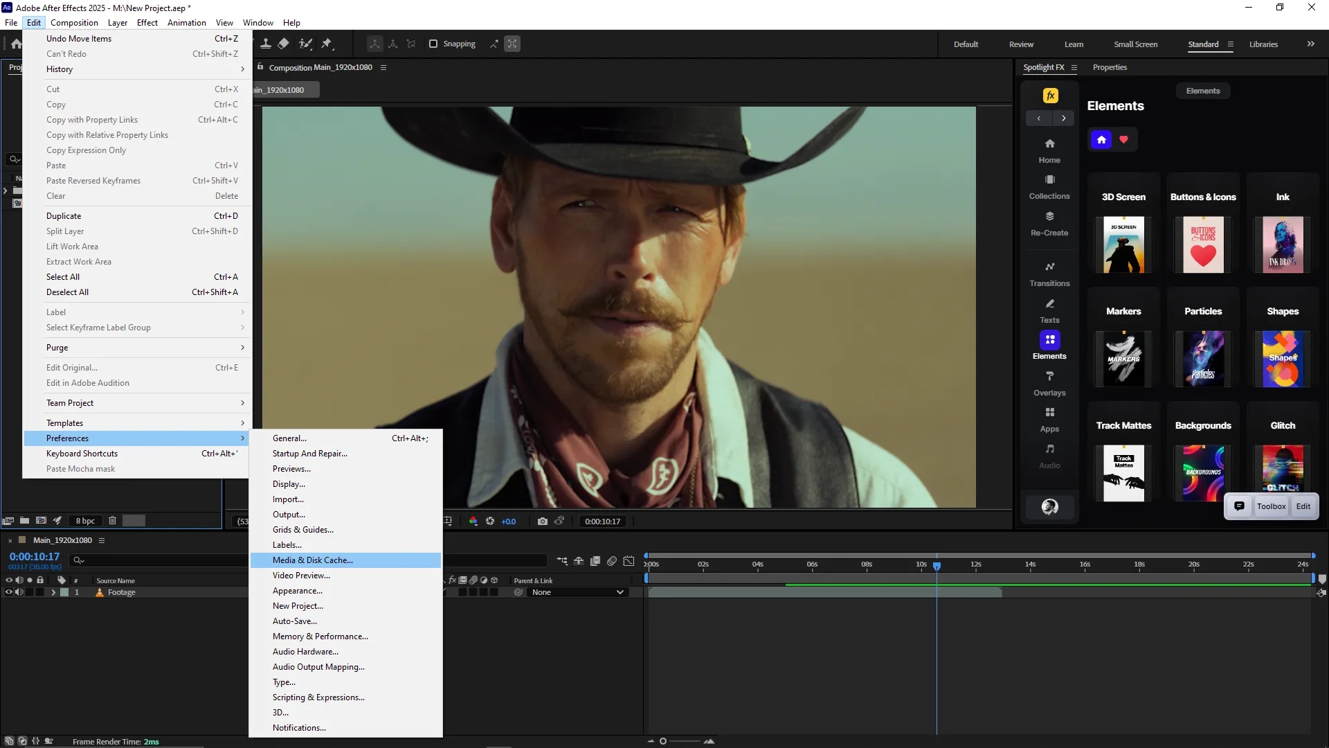 Adobe After Effects interface showing the Edit menu open with the Preferences submenu expanded and "Media & Disk Cache" highlighted, a video clip of a man in a cowboy hat in the Composition panel, and the timeline with one video layer.