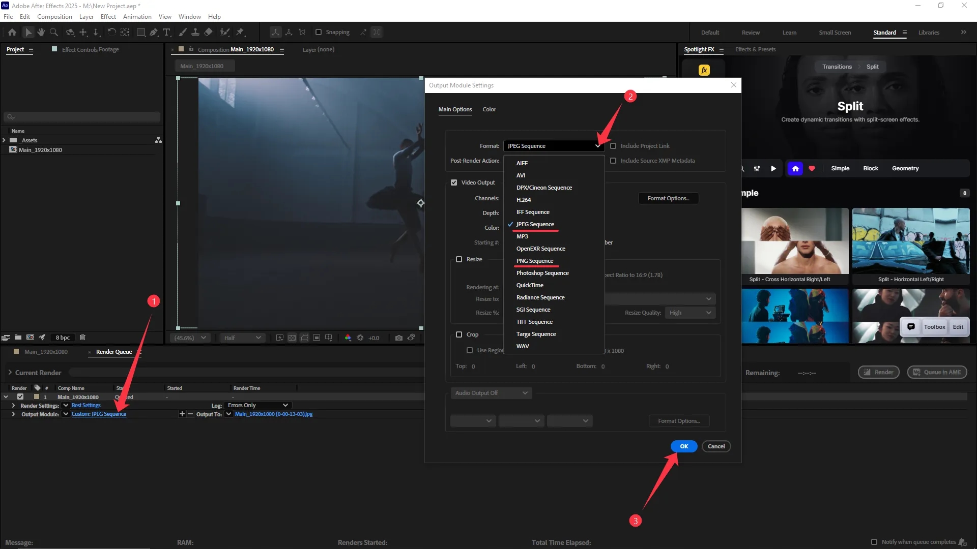 Adobe After Effects interface showing the Render Queue panel with Output Module Settings open, Format dropdown expanded to select JPEG Sequence, and OK button highlighted.
