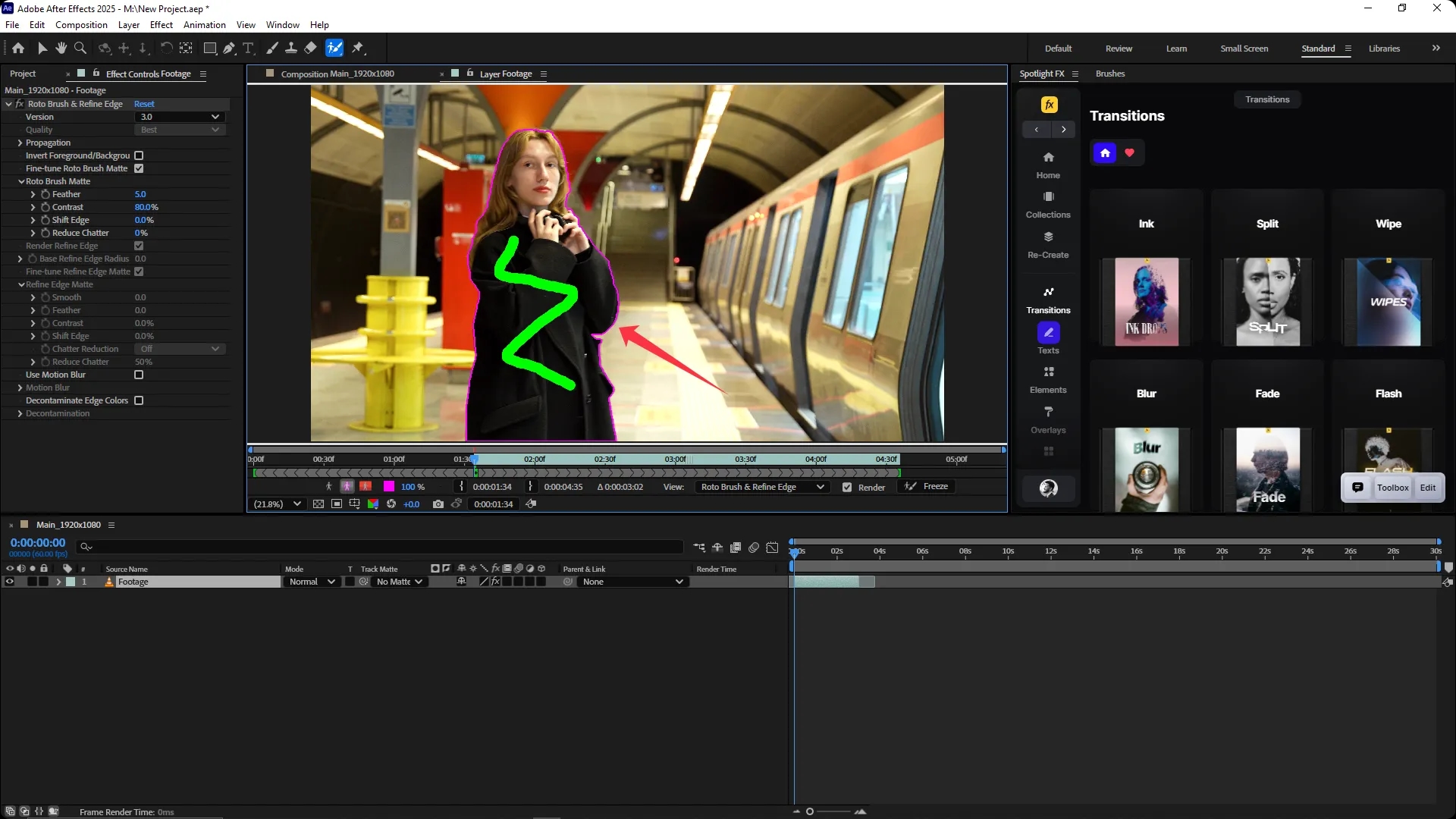 Adobe After Effects interface with the Roto Brush & Refine Edge effect applied, showing a green roto brush stroke isolating a woman in a subway scene and the effect controls panel open on the left.