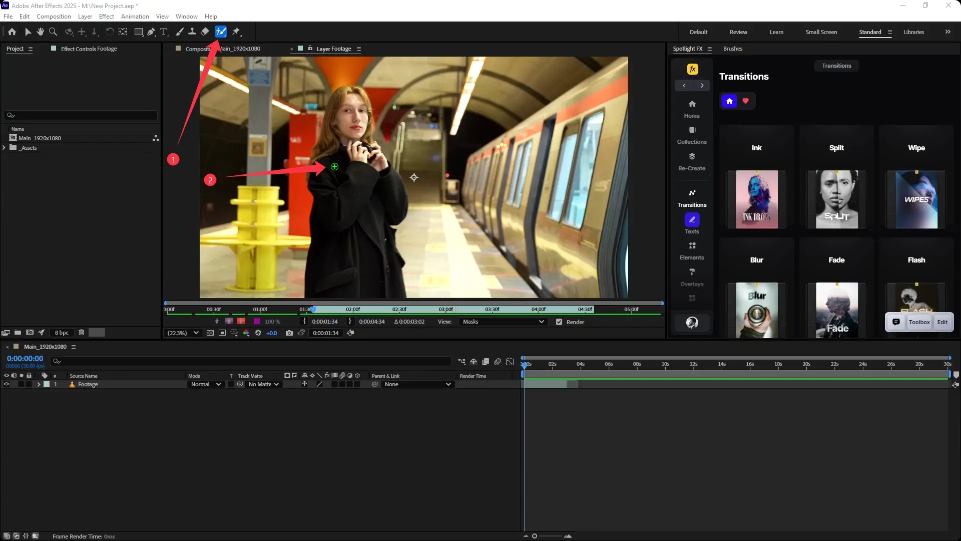 Adobe After Effects interface with the Roto Brush Tool selected and active, showing a composition of a woman in a subway station with green roto brush strokes applied to her head and shoulder.