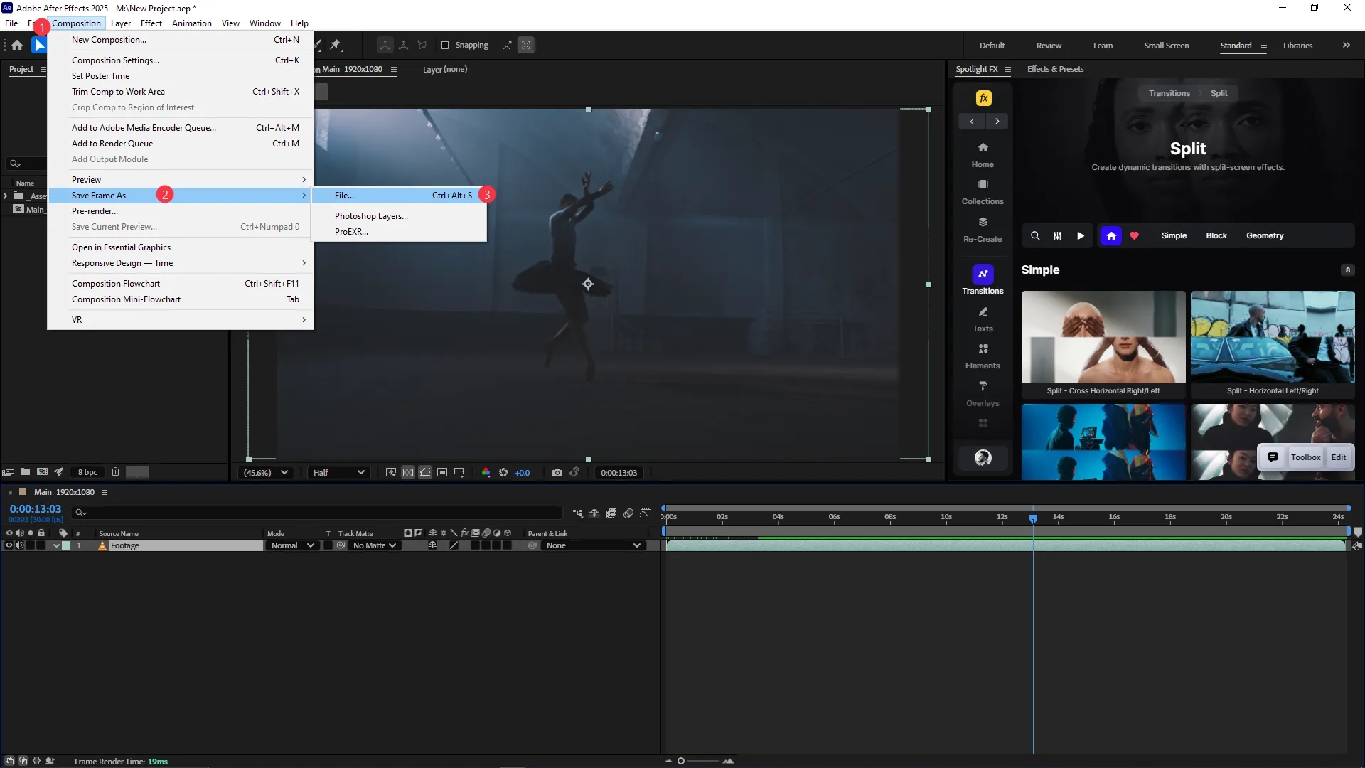 Adobe After Effects interface with the Composition menu open and the Save Frame As option expanded to select File for exporting a still frame.