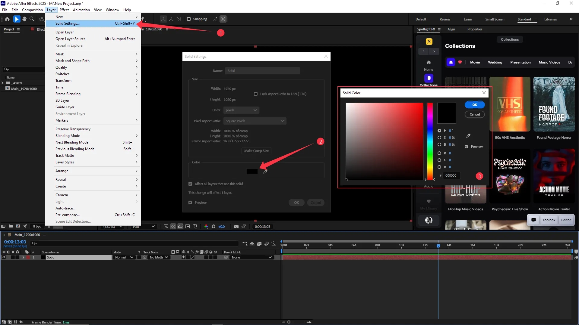 The Layer menu is expanded in Adobe After Effects with "Solid Settings" selected, showing the Solid Settings dialog box where the color box is clicked to open the Solid Color picker for changing the solid layer color.