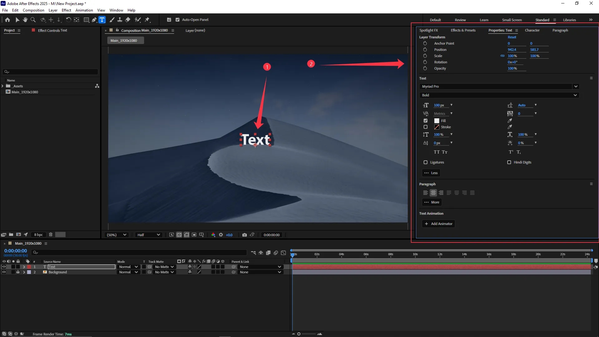 Adobe After Effects interface with a bold white text layer reading "Text" placed on a sand dune image in the composition panel, and the text properties panel expanded on the right side.