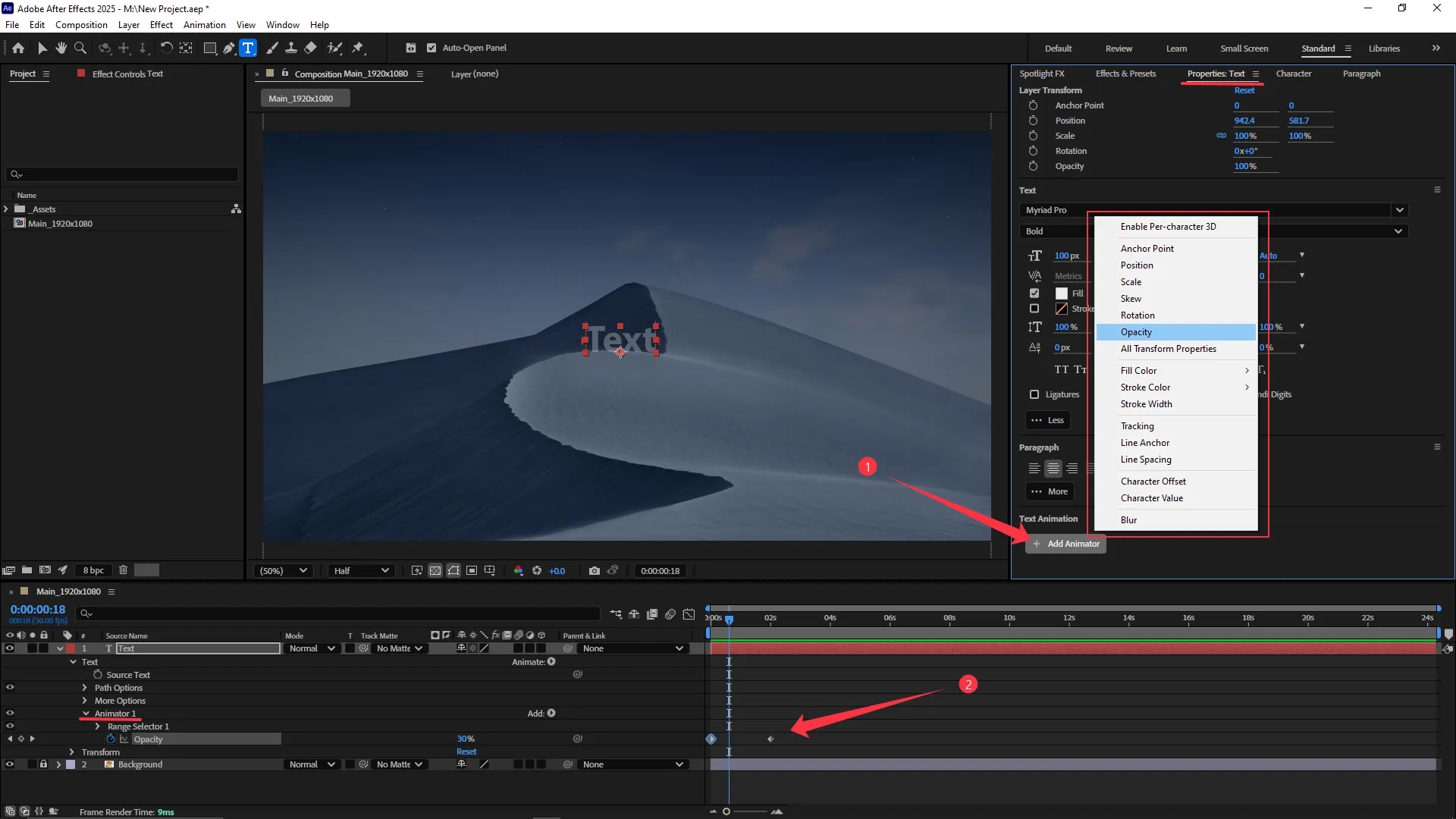 Adobe After Effects interface with a text layer selected, opacity added through the text animator menu, and a keyframe set in the timeline for opacity under Range Selector 1.