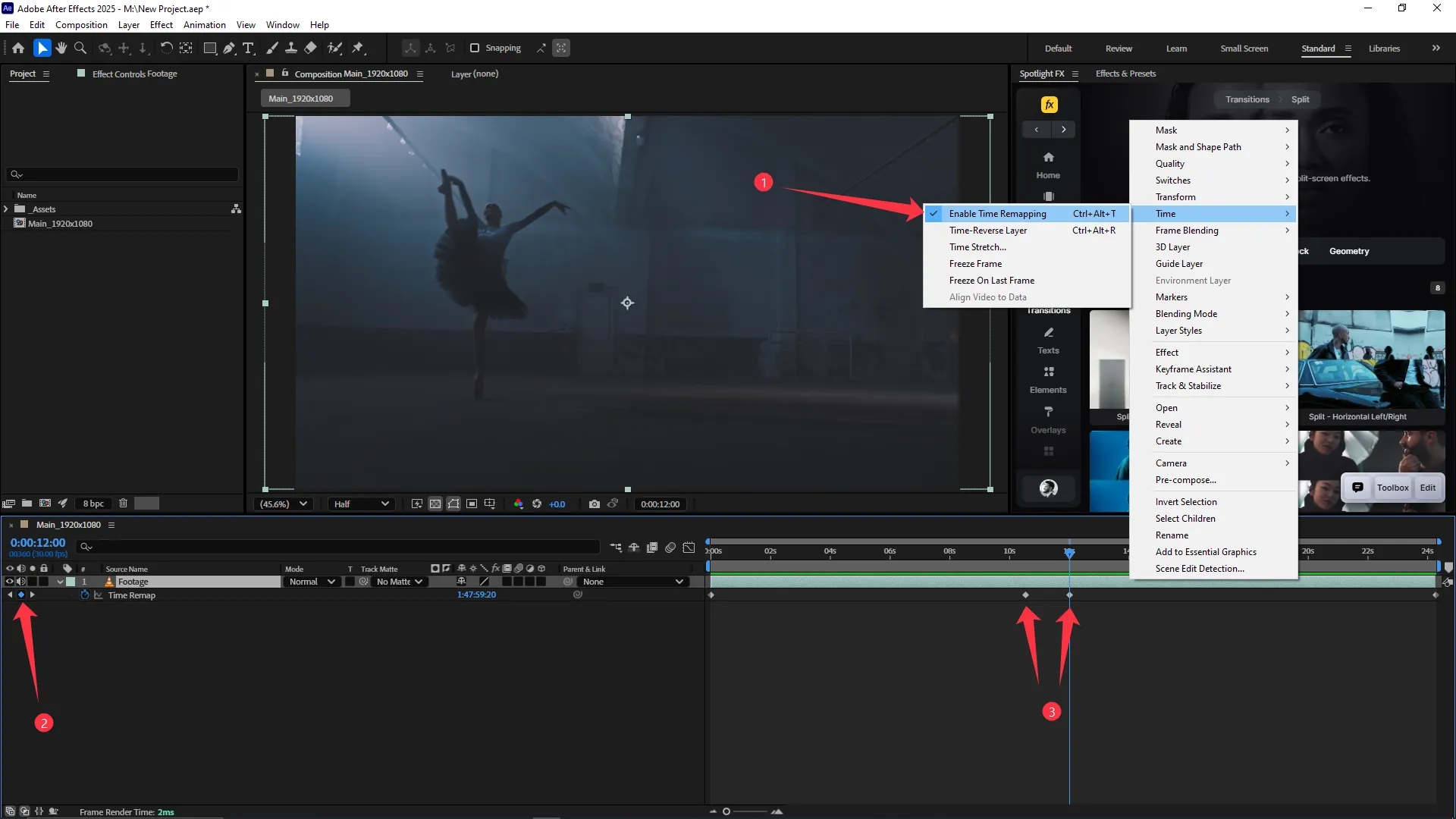 Adobe After Effects interface showing a video layer with Time Remapping enabled, visible keyframes on the timeline, and the Time menu expanded under the Layer dropdown.