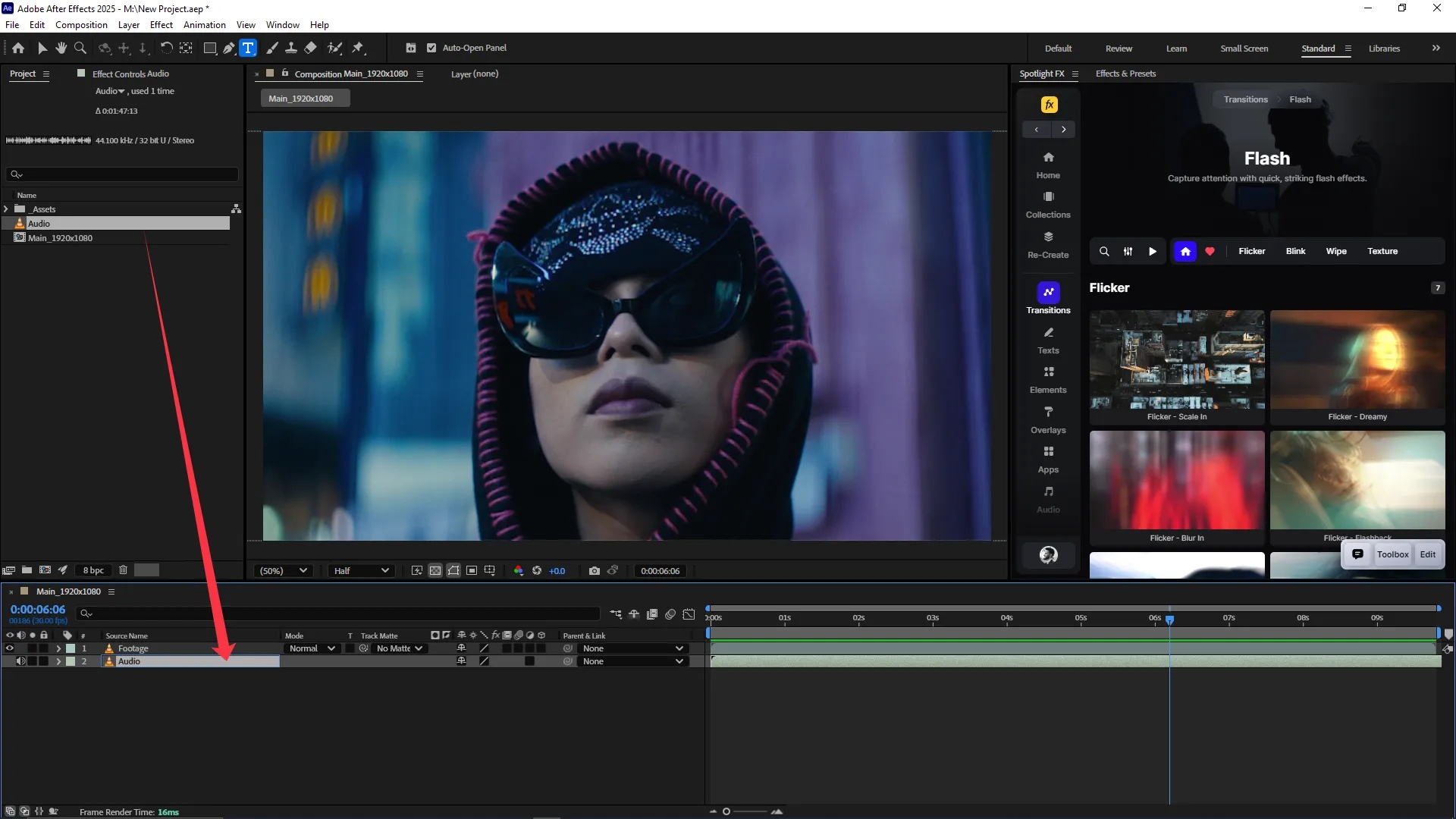 Adobe After Effects interface with a video composition open in the center, showing a close-up of a person wearing sunglasses. The timeline at the bottom displays two layers labeled "Footage" and "Audio," with the audio layer selected. The Project panel on the left shows imported assets including an audio file.