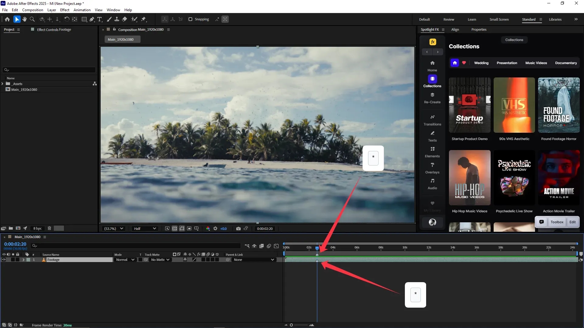 Timeline panel in Adobe After Effects with the current time indicator positioned at 2 seconds and 20 frames, showing where a marker can be added.