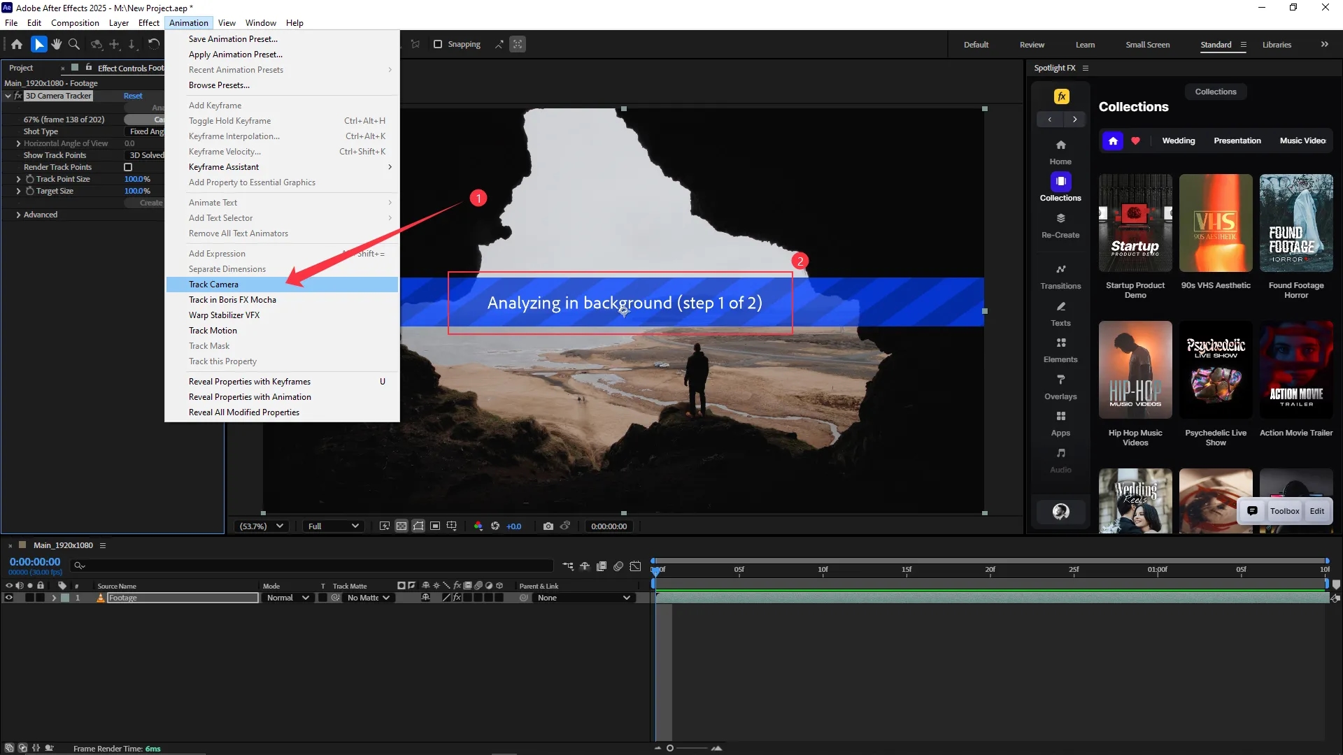 The After Effects interface with the Animation menu expanded and "Track Camera" selected, showing a landscape clip in the Composition panel with a blue progress bar indicating background analysis in progress.