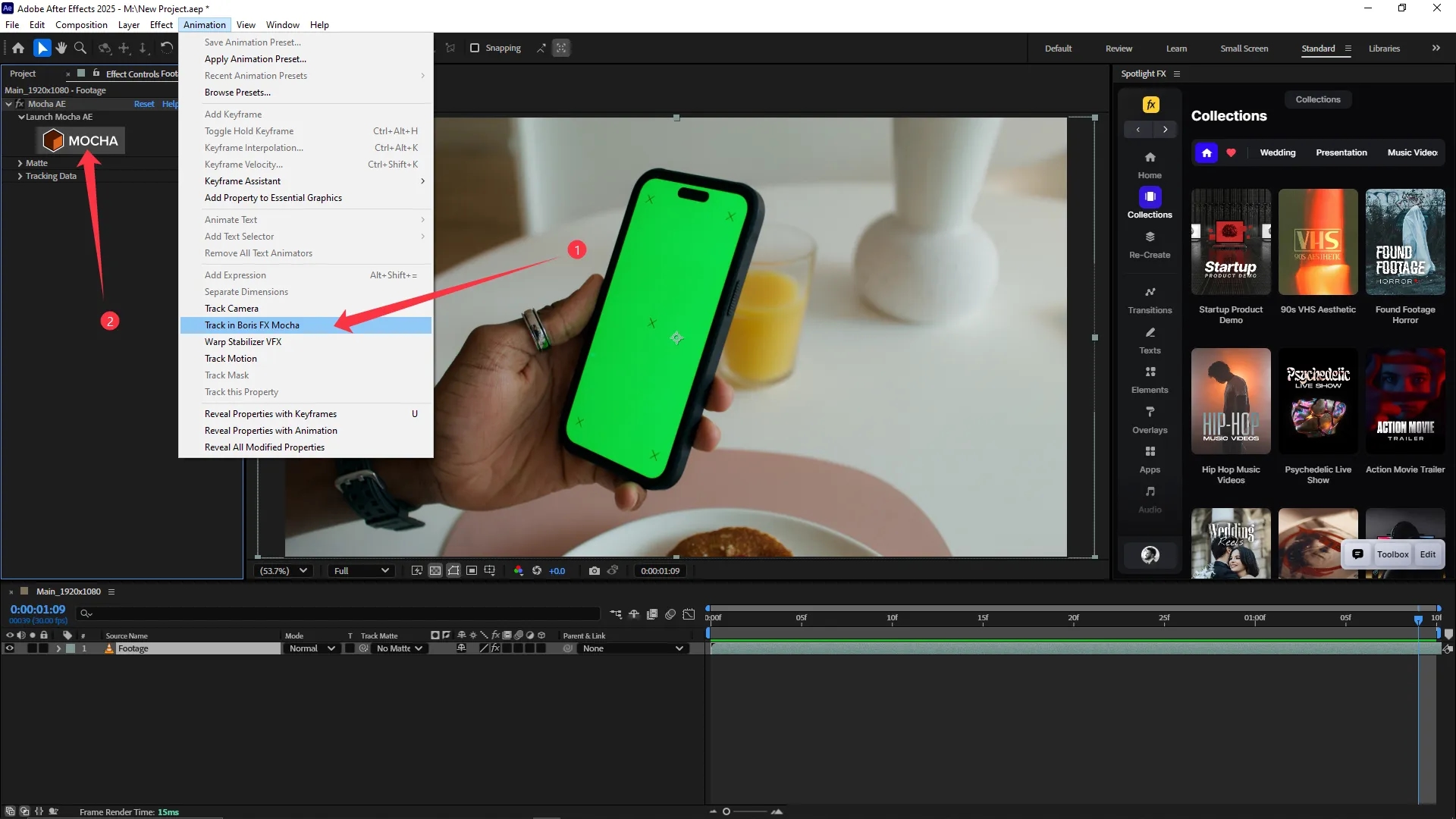 The After Effects interface with a green screen phone clip in the Composition panel, the Animation menu expanded showing "Track in Boris FX Mocha" highlighted, and the Mocha AE plugin loaded in the Effect Controls panel.