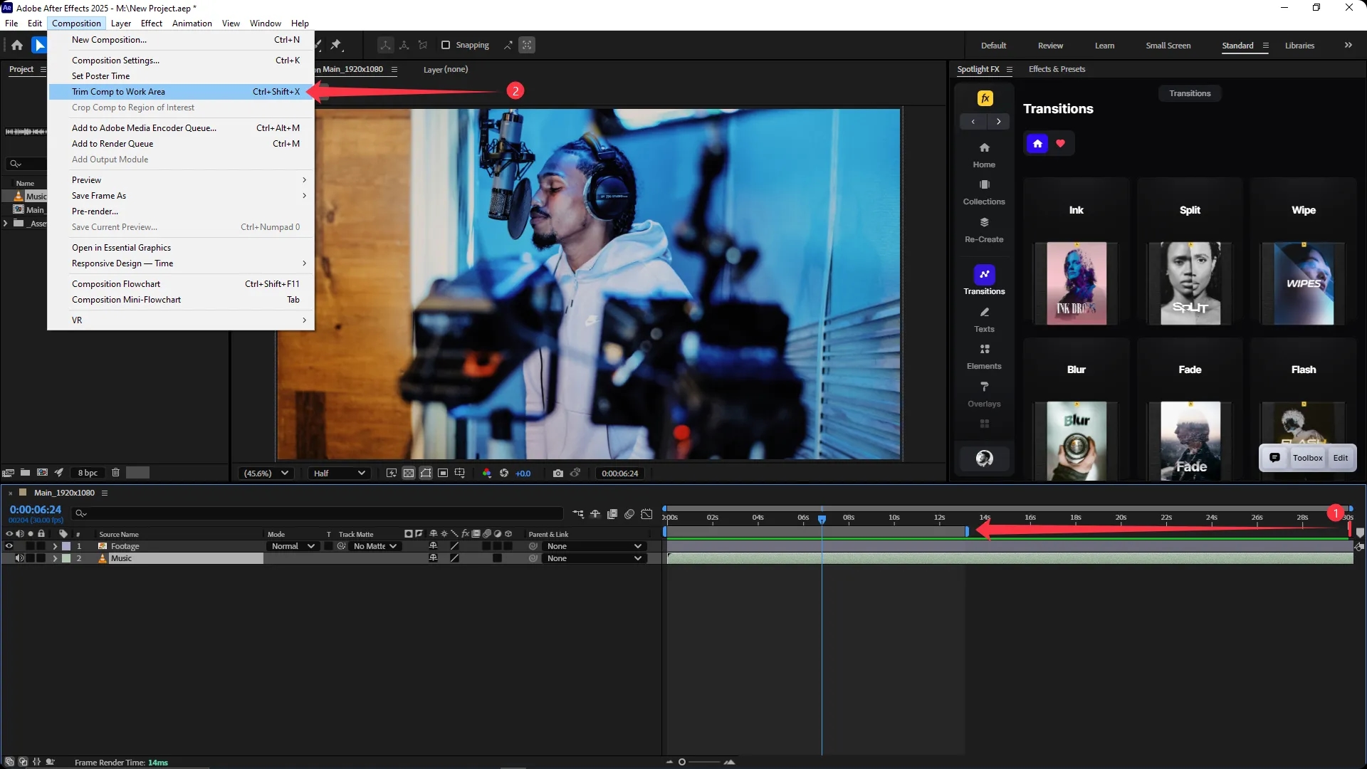 Adobe After Effects interface with the Composition menu open and the "Trim Comp to Work Area" option highlighted, while the Timeline panel shows a shortened work area bar ending around the 14-second mark