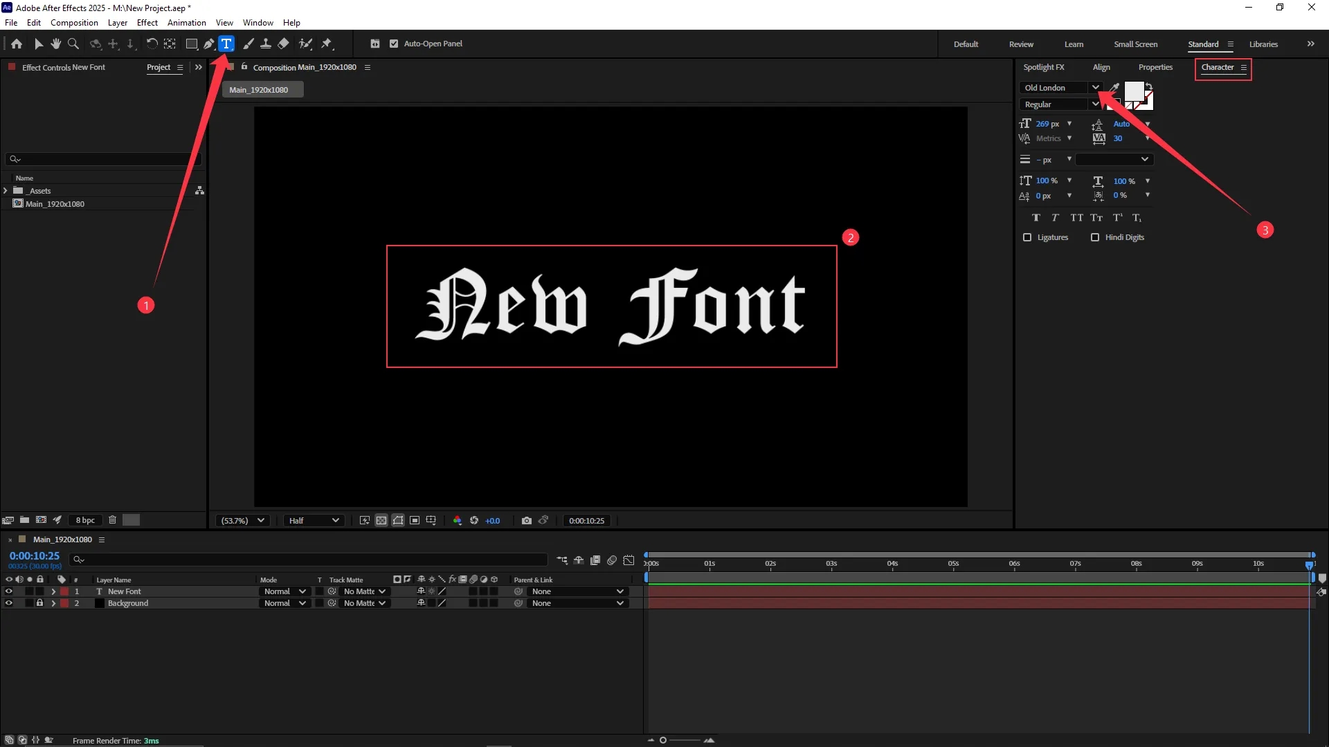 Adobe After Effects interface with the Type tool selected, a text layer reading "New Font" in the Composition panel, and the Character panel showing the selected font "Old London".