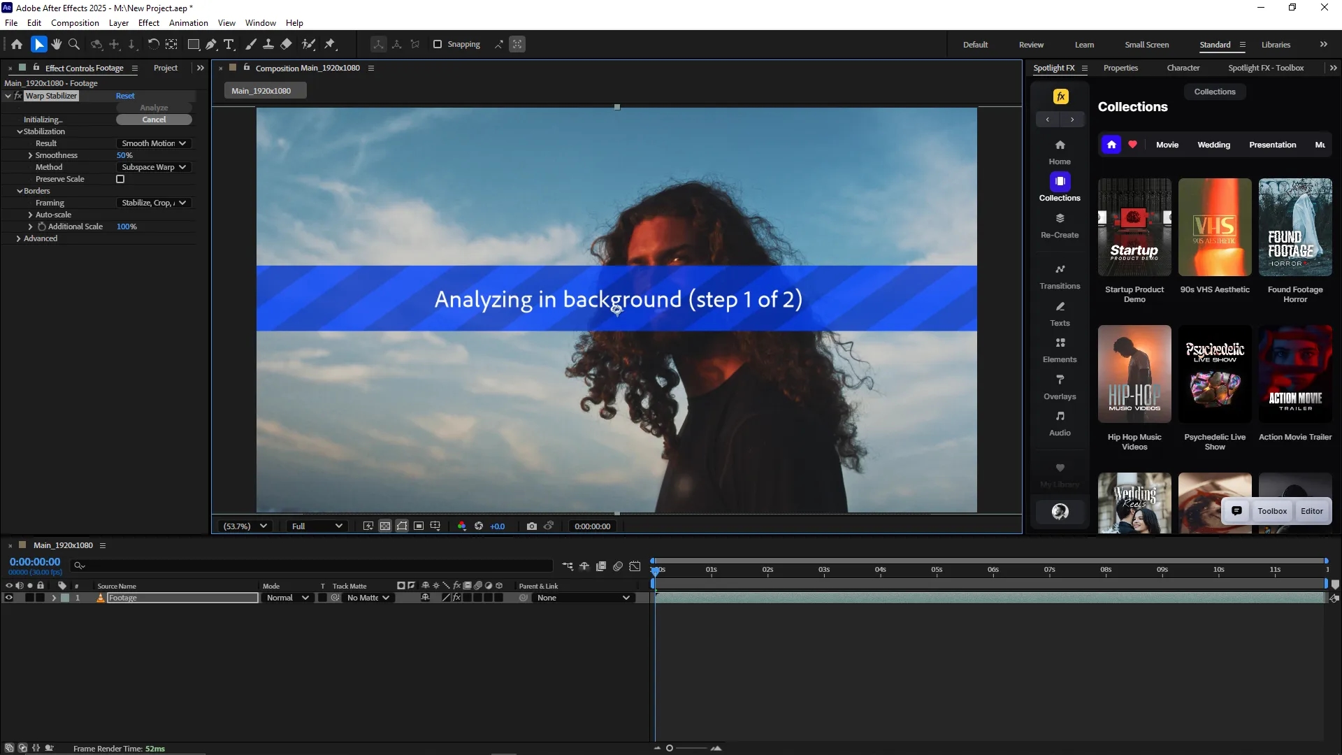 Warp Stabilizer effect panel showing analysis in progress with a blue overlay message reading "Analyzing in background (step 1 of 2)" over the video preview