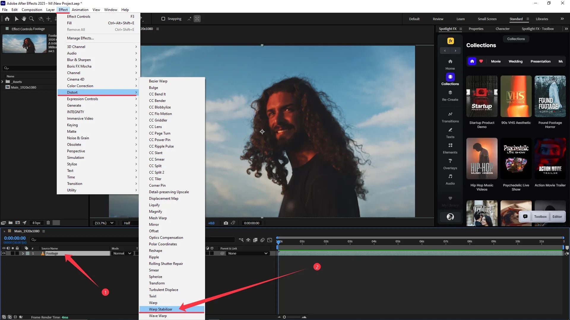 Effect menu in Adobe After Effects opened to Distort submenu with Warp Stabilizer selected, timeline showing a video clip labeled "Footage" placed on the main composition