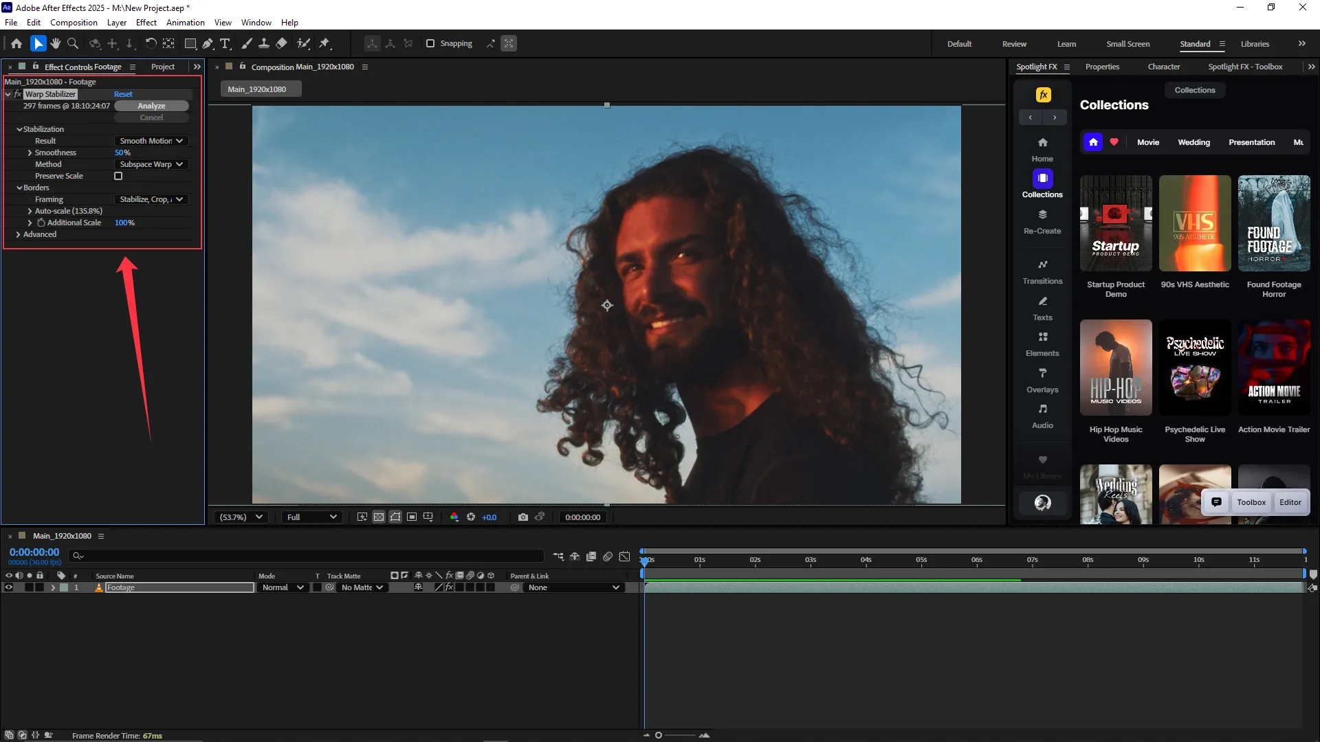 Warp Stabilizer effect settings displayed in the Effect Controls panel showing analysis complete with options for result, smoothness, method, and framing