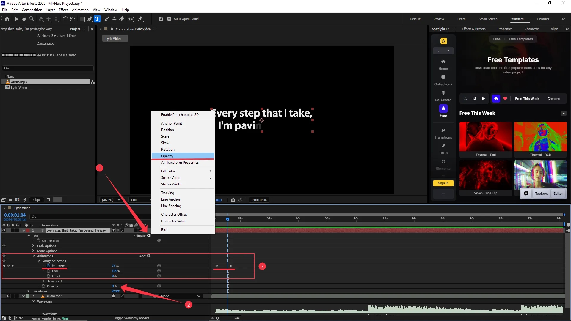 After Effects interface with a text layer expanded to show an Animator for Opacity, keyframes set for Range Selector Start property, and the context menu open with Opacity highlighted under text animation options.