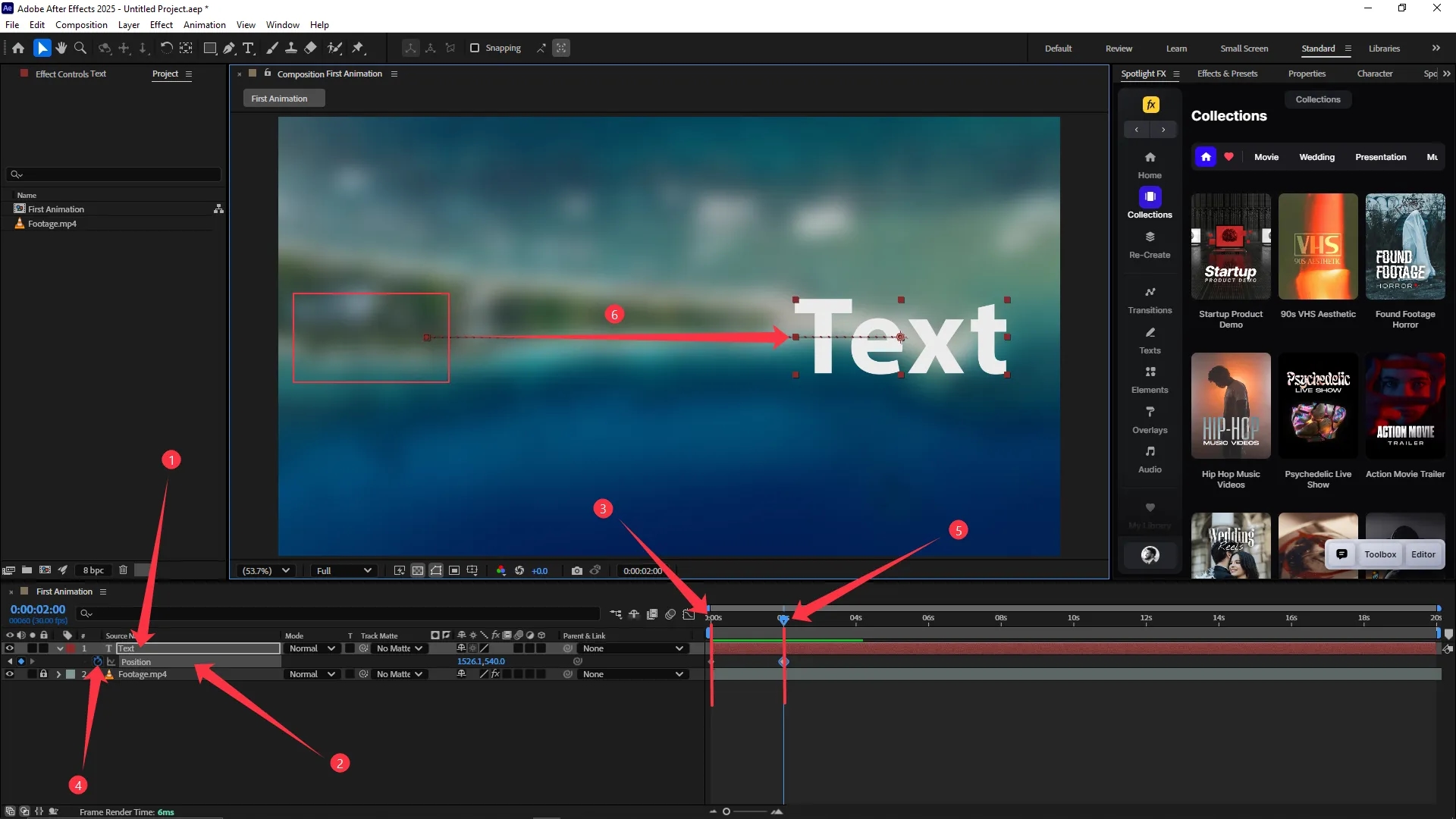 Text layer selected with position property keyframed in the timeline and animated from left to right across the composition panel