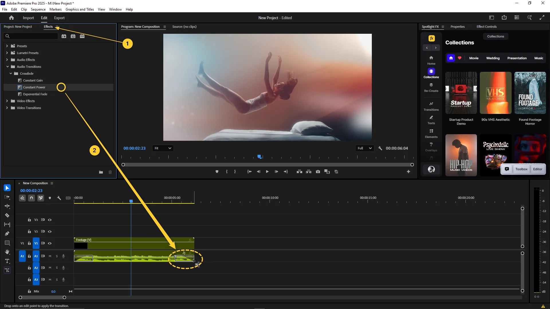 The Effects panel is open with the Constant Power audio transition selected under Audio Transitions, and the transition is applied at the end of an audio clip in the timeline.