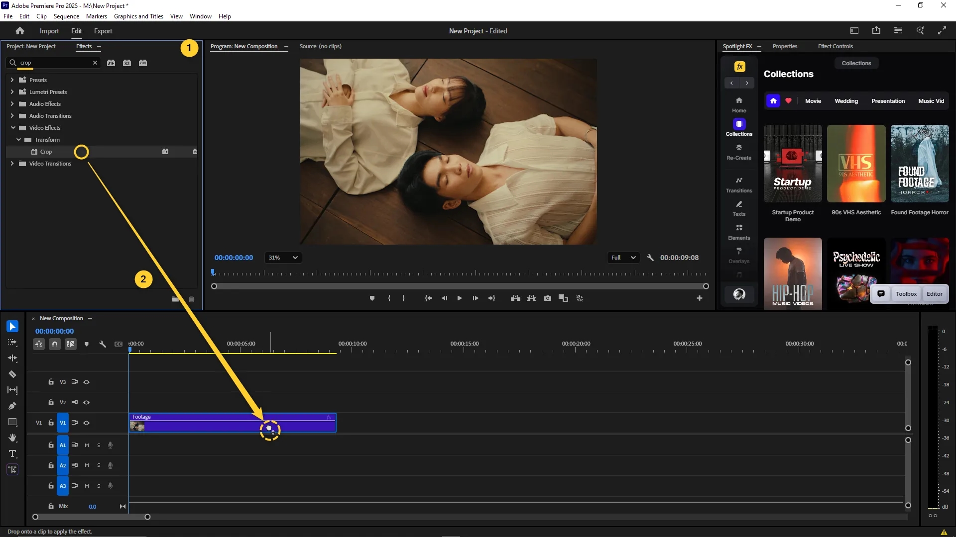 Premiere Pro interface with the Crop effect being dragged from the Effects panel onto a video clip in the timeline