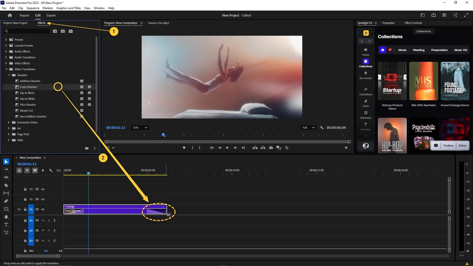 The Effects panel is open with the Cross Dissolve transition selected under Video Transitions, and the transition is applied at the end of a video clip in the timeline.