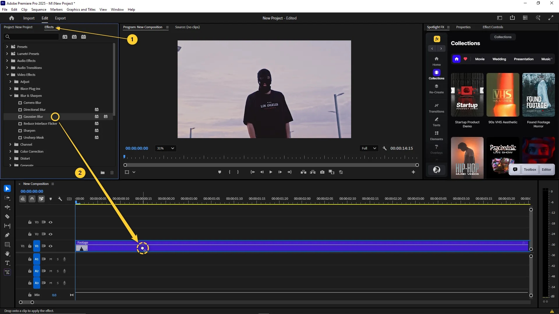 Gaussian Blur effect is selected in the Effects panel and being dragged onto a video clip in the timeline.