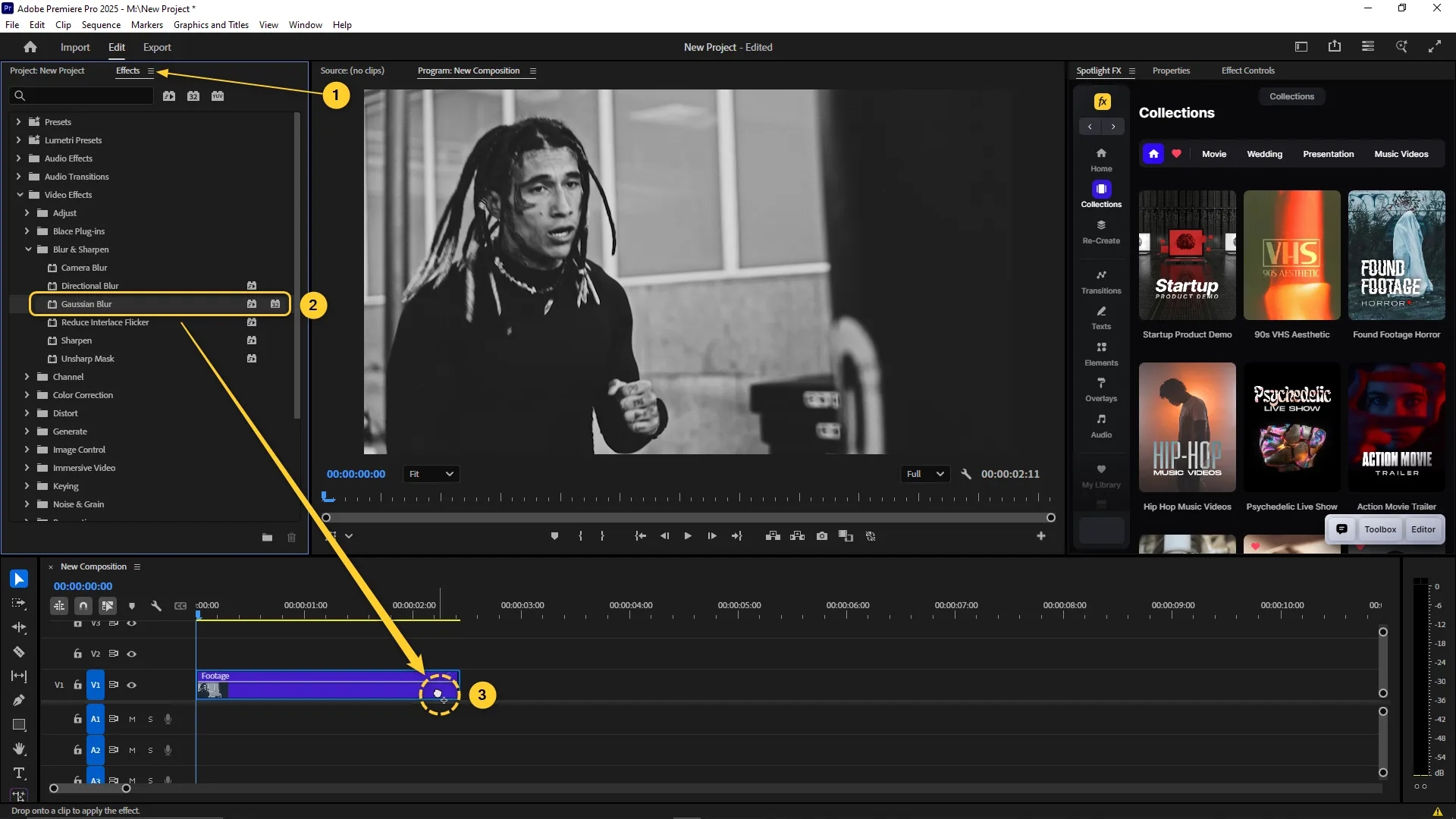 Gaussian Blur effect being dragged from the Effects panel onto a video clip in the timeline within Adobe Premiere Pro