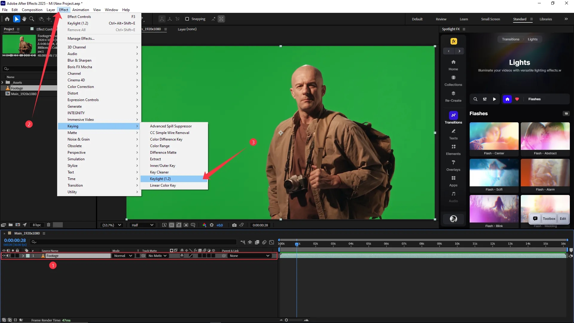 The Keylight (1.2) effect is being applied to a selected green screen video layer from the Effect menu under Keying in Adobe After Effects.