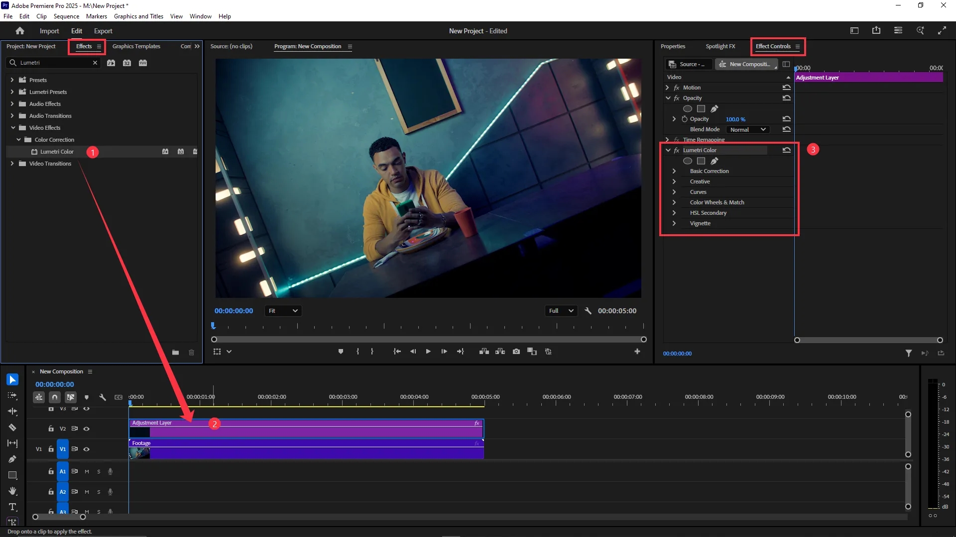 The Lumetri Color effect from the Effects panel is applied to the adjustment layer on the timeline, with its settings visible in the Effect Controls panel.
