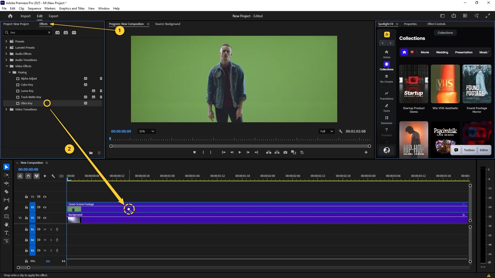The Effects panel is open in Premiere Pro with the Ultra Key effect selected under the Keying folder, and the effect is being dragged onto the Green Screen Footage clip on track V2 in the timeline.