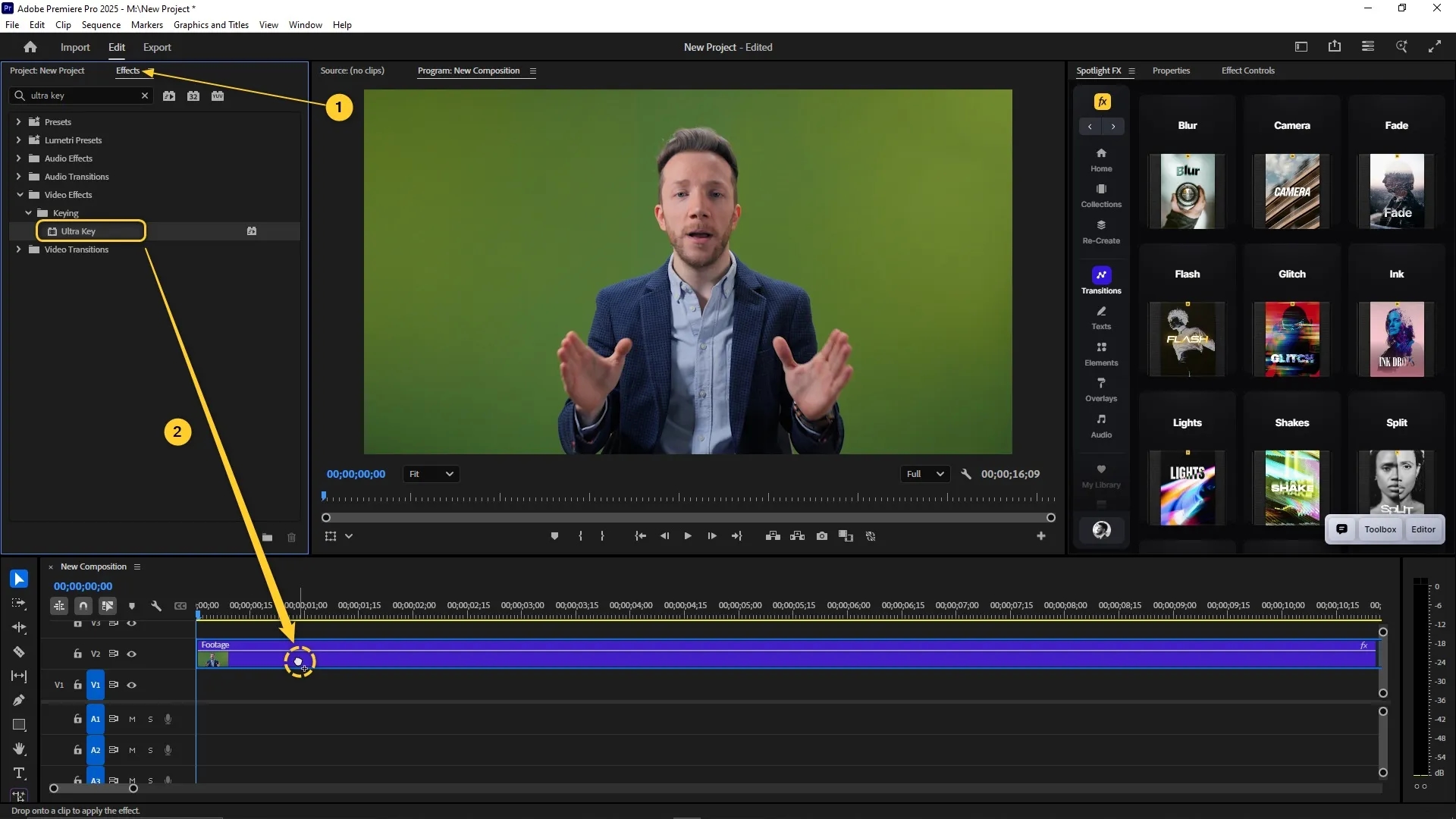 The Ultra Key effect is selected from the Effects panel and dragged onto a green screen clip in the timeline.