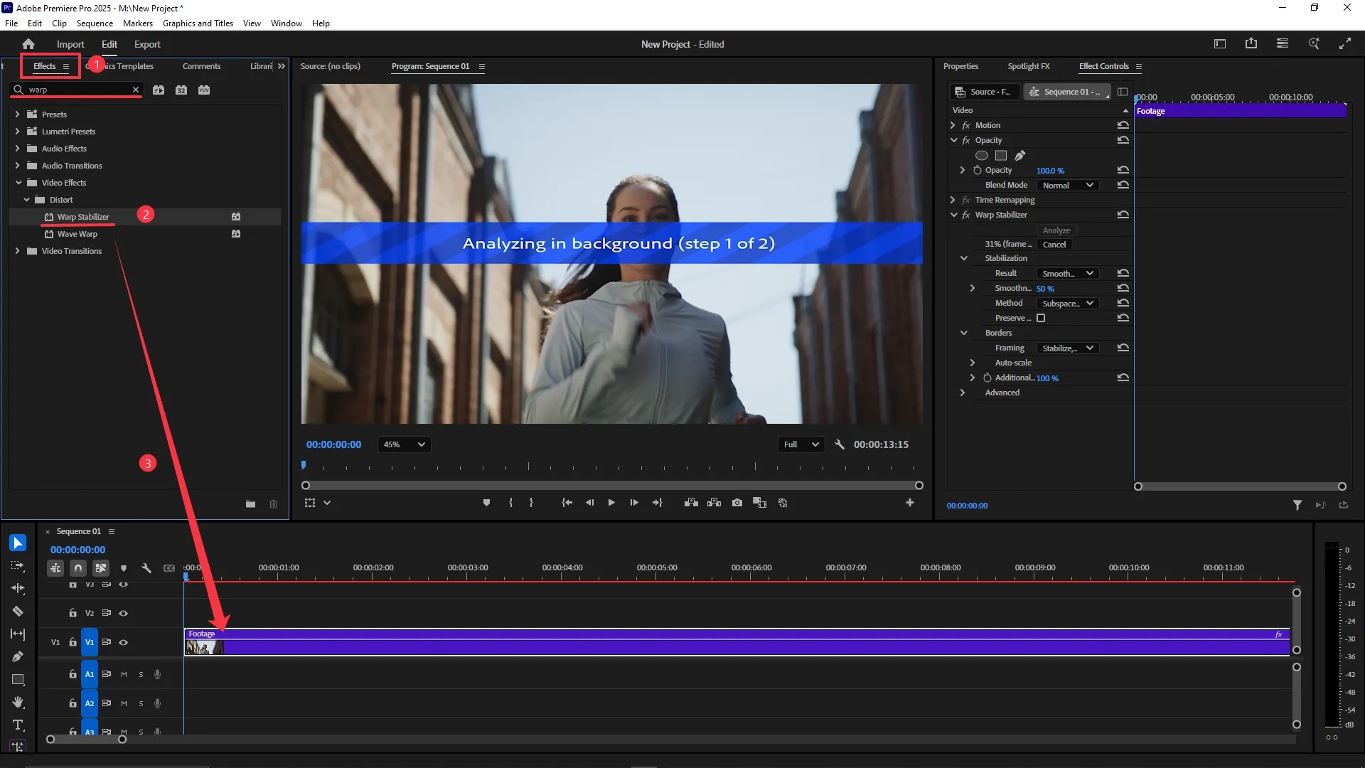 The Warp Stabilizer effect is selected from the Effects panel and applied to a video clip on the timeline, with the Program Monitor displaying "Analyzing in background (step 1 of 2)" and effect settings visible in the Effect Controls panel.