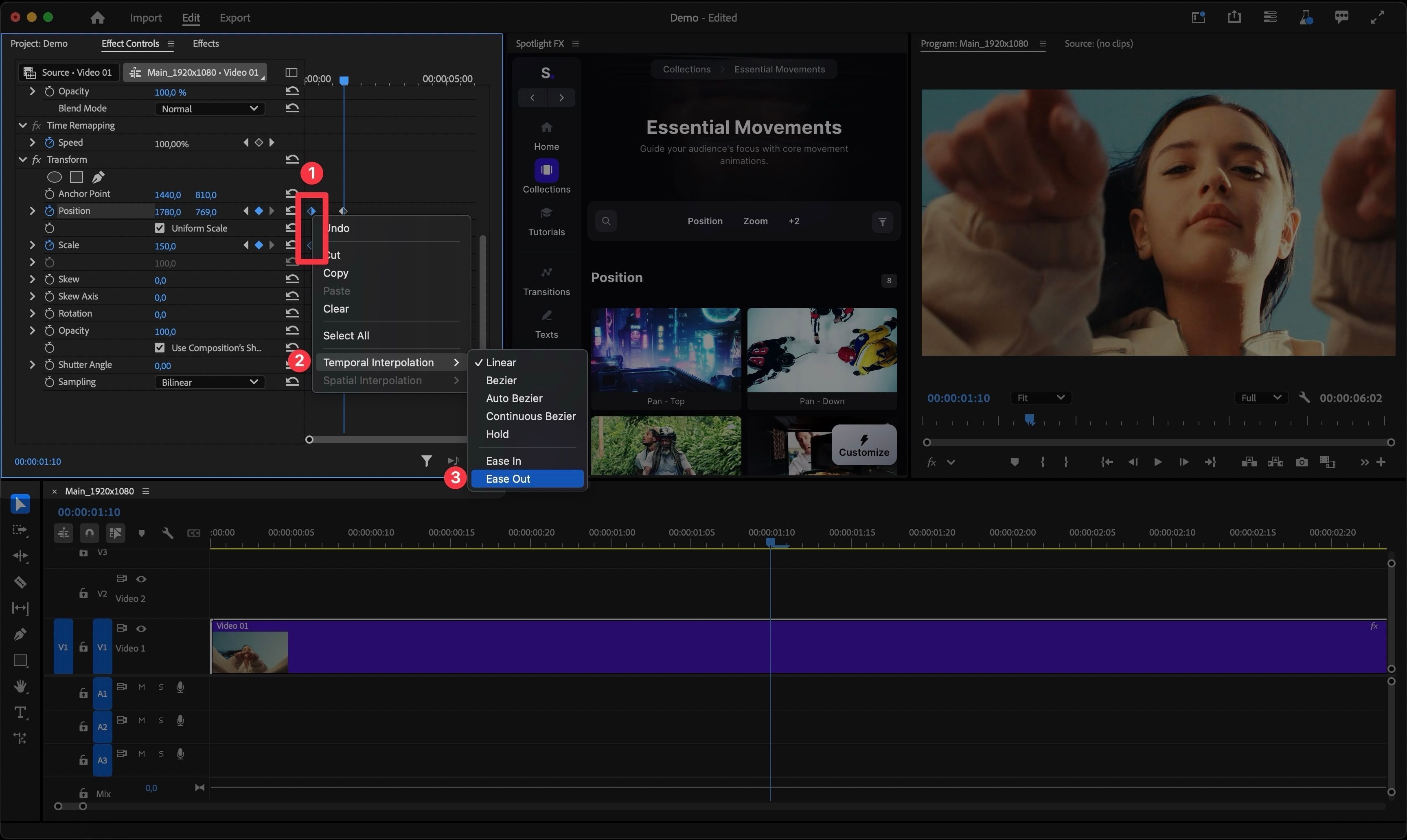 Applying Ease Out and Ease In to keyframes for smoother zoom transitions