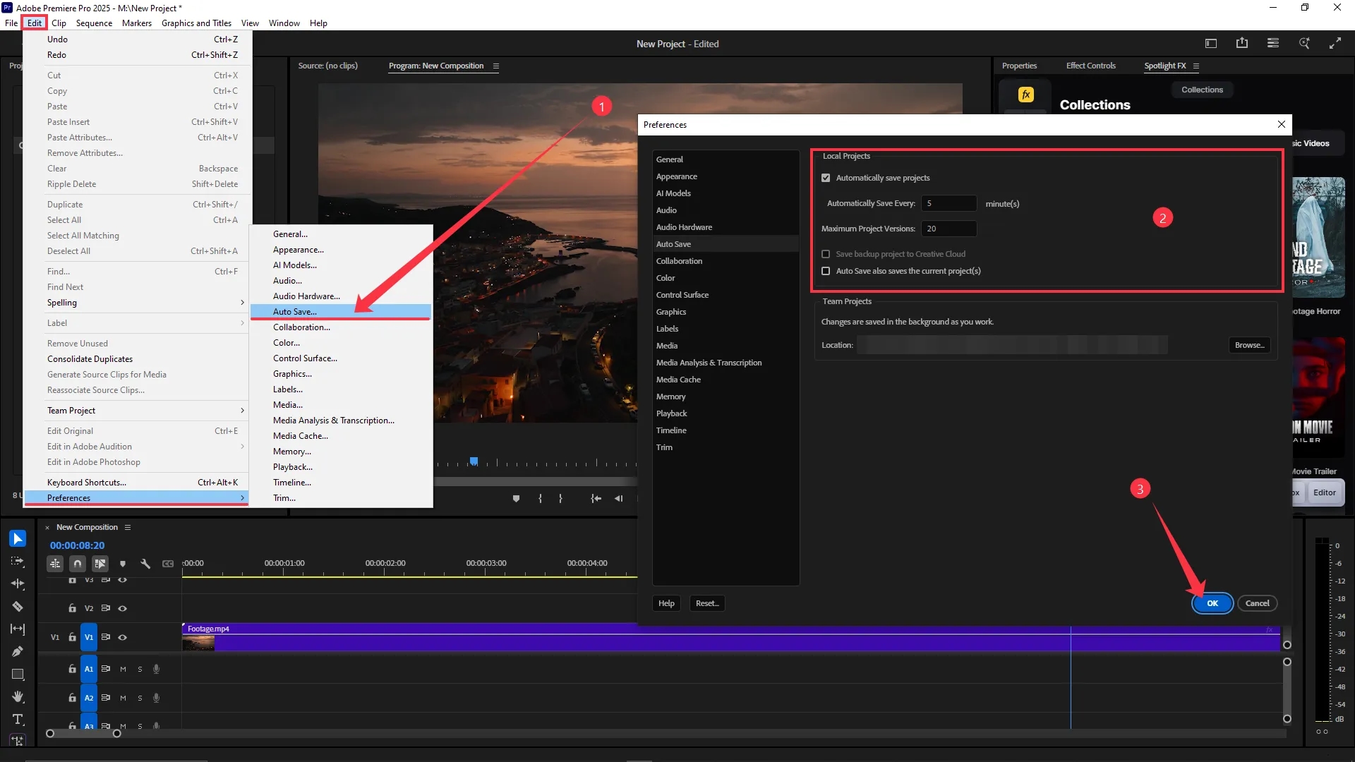 The Preferences window is open in Adobe Premiere Pro with the Auto Save settings visible, accessed from the Edit menu under Preferences, showing options to automatically save projects and set save intervals.