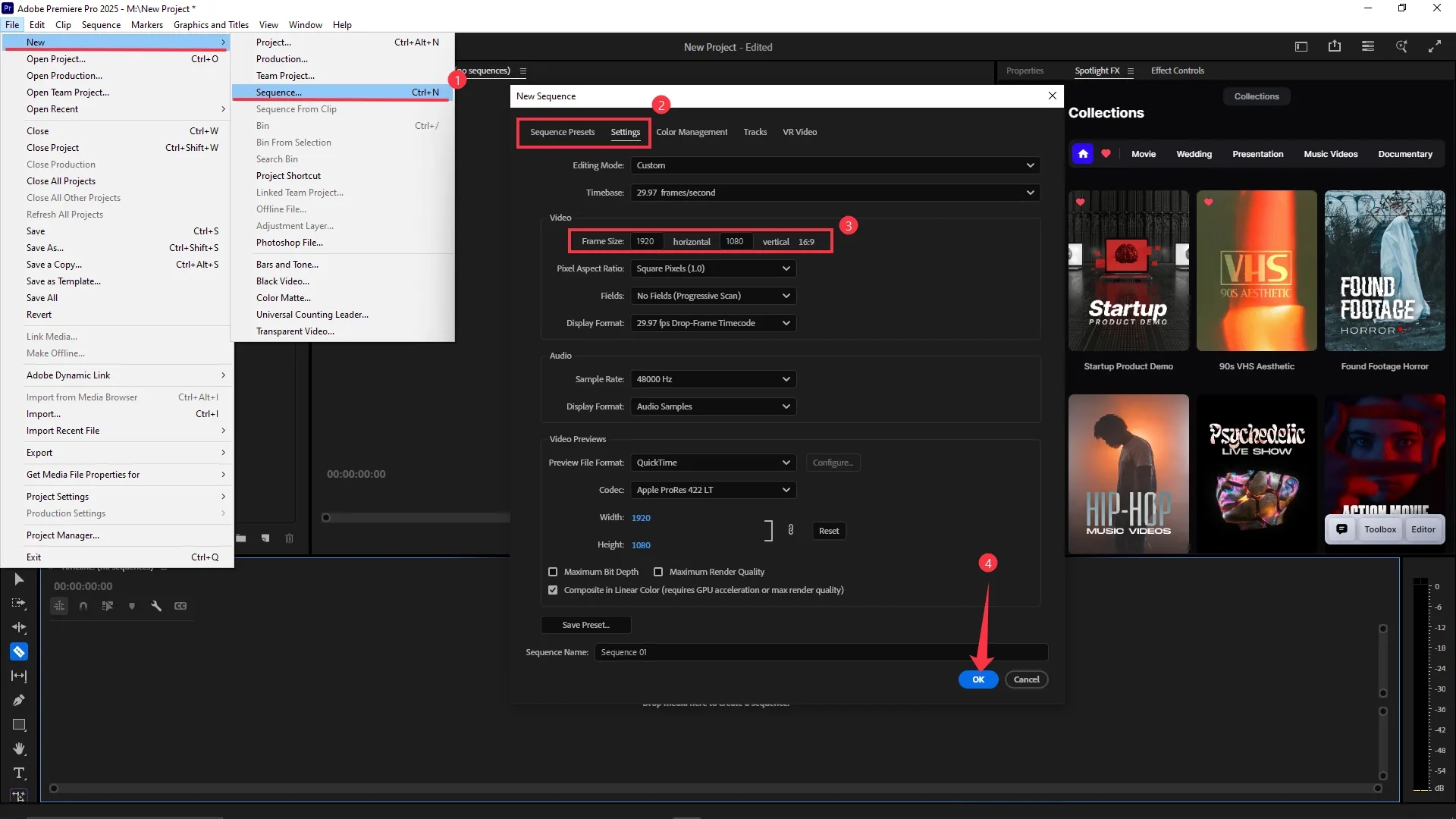 File menu opened with Sequence selected, New Sequence window displayed with Settings tab active showing frame size set to 1920 horizontal and 1080 vertical.