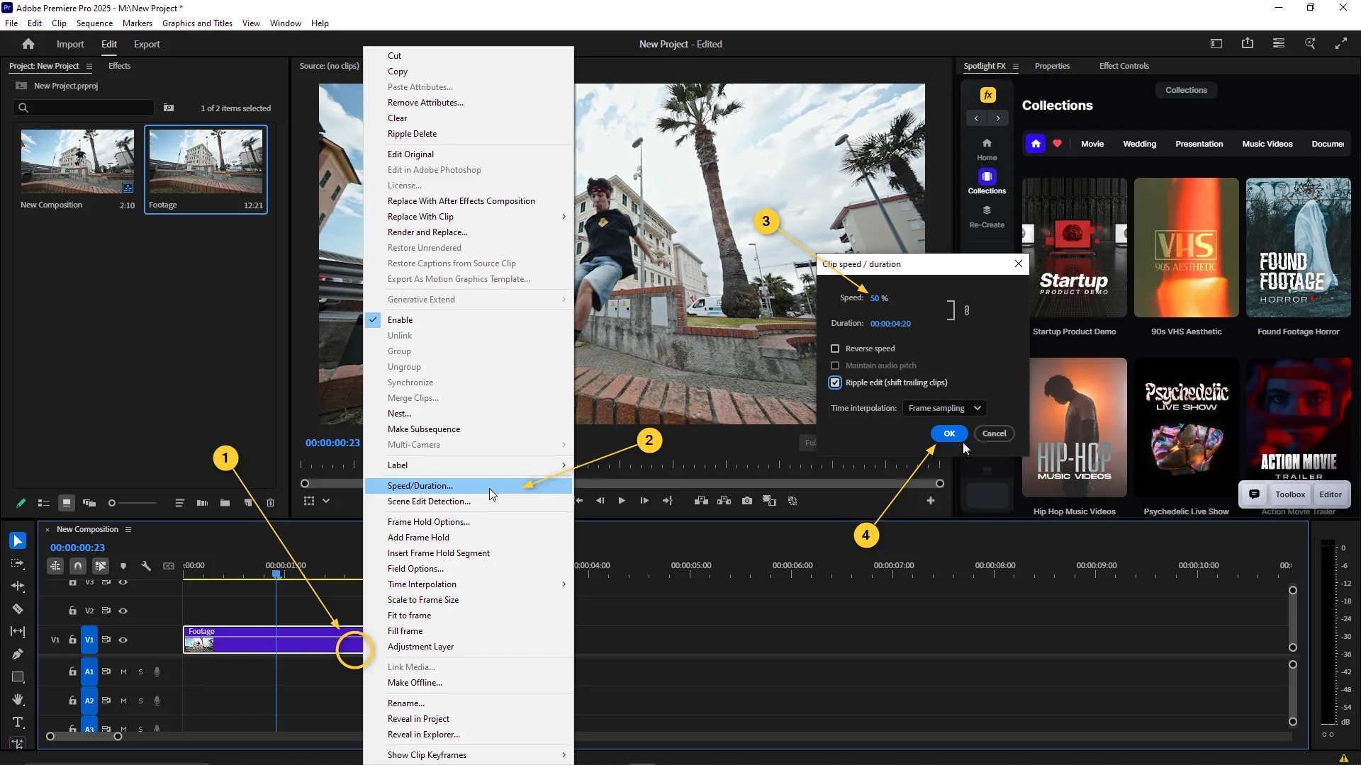 Timeline panel with a video clip selected, right-click context menu open showing "Speed/Duration" option, and Clip Speed/Duration dialog box set to 50% speed.