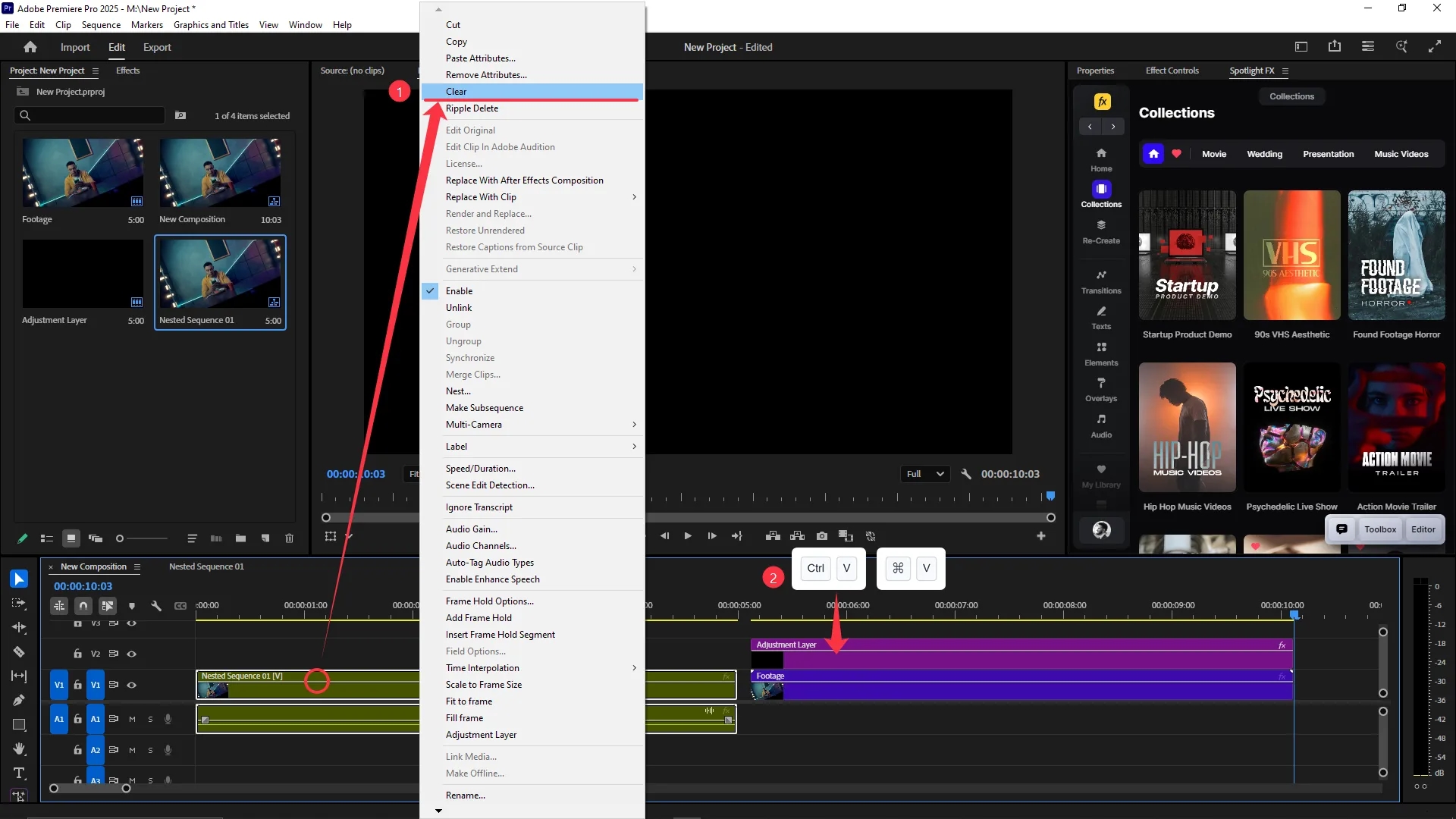 Right-click menu open over a nested sequence clip in the timeline with the "Clear" option highlighted, and the contents of the nested sequence visible in a separate timeline panel.
