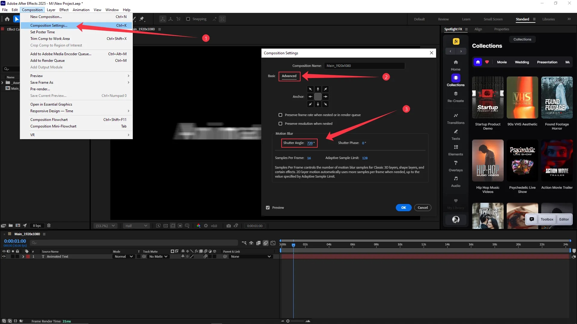After Effects interface with the Composition Settings window open, showing the Advanced tab where the Shutter Angle for motion blur is set to 720 degrees.