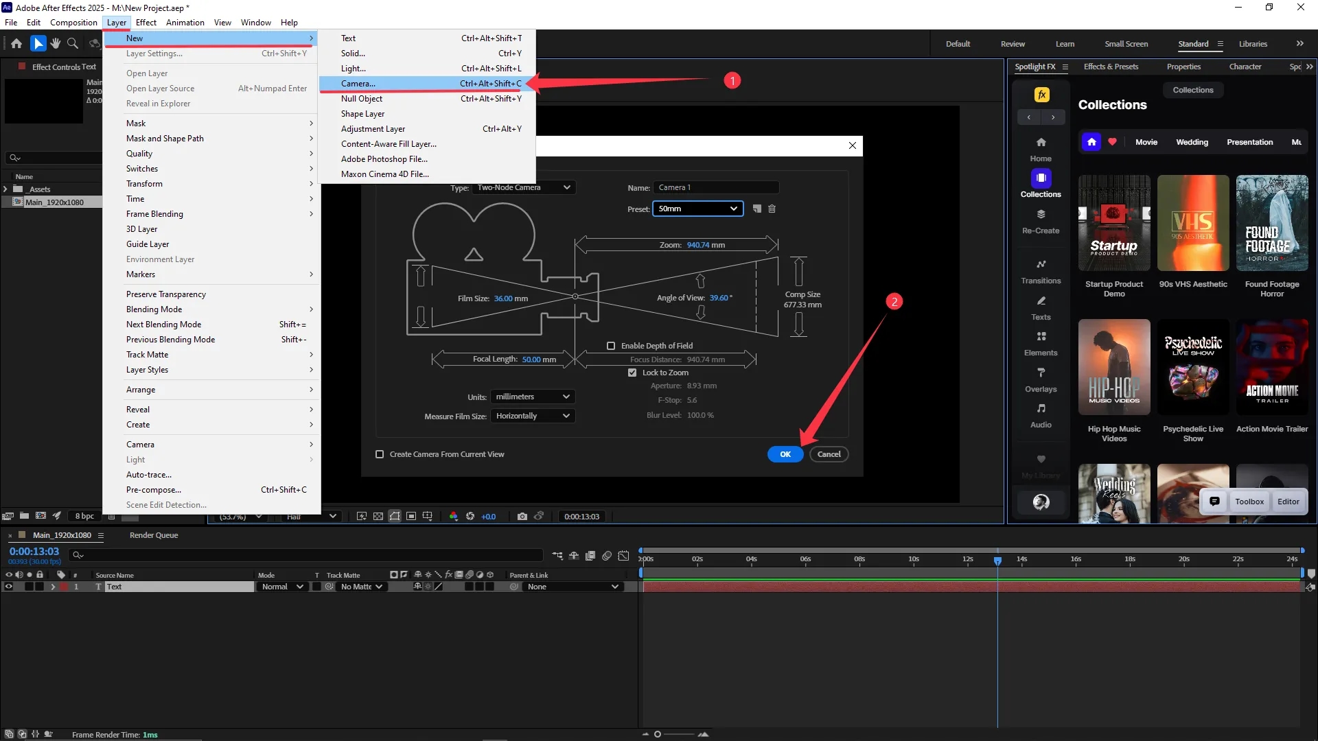 Layer menu expanded with the Camera option selected, and the Camera Settings dialog box open showing focal length and depth of field options.