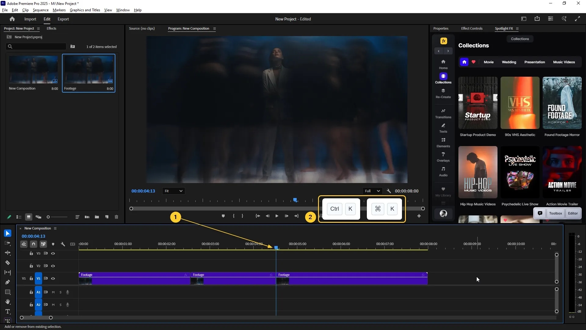 Timeline playhead is positioned over a clip and the Ctrl+K or Cmd+K keyboard shortcut is highlighted for cutting at the playhead.