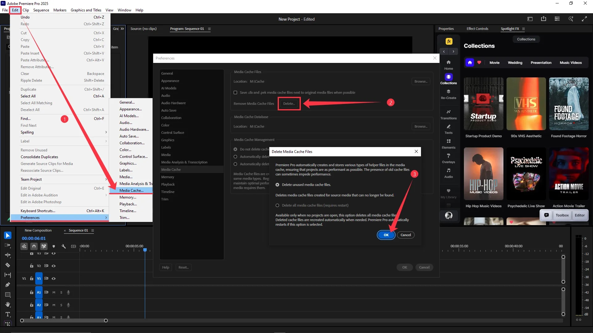 Premiere Pro Preferences window open to Media Cache settings with the Delete button clicked and the Delete Media Cache Files confirmation dialog visible