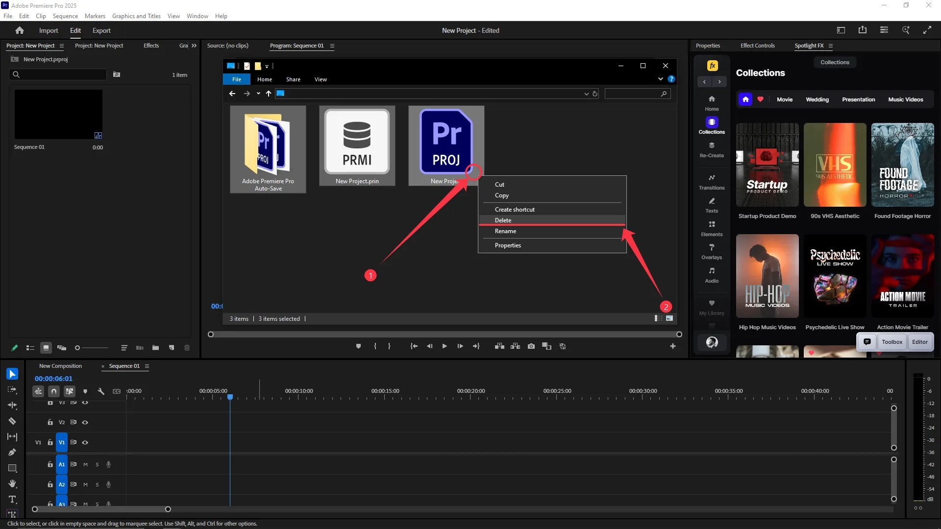 Windows File Explorer window opened inside Premiere Pro interface showing a right-click context menu on a .prproj file with the "Delete" option highlighted