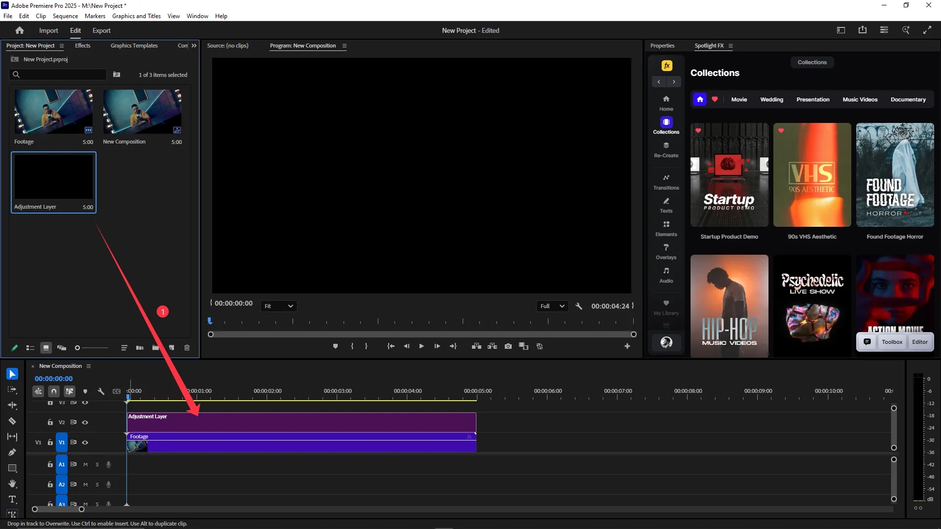 The Adjustment Layer from the Project panel is being dragged onto the timeline above a video clip on track V1, placed on track V2.