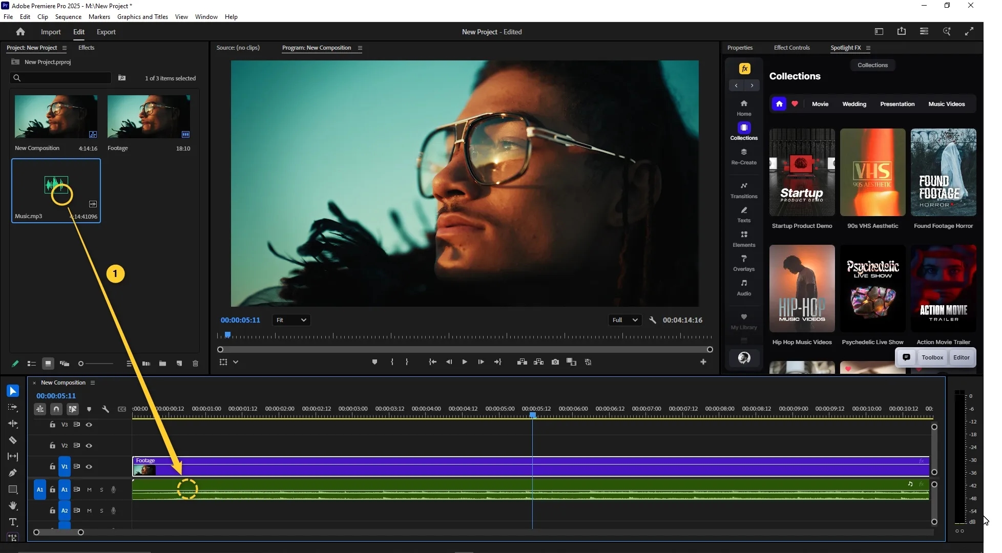 Audio file selected in the project panel and dragged into the timeline onto audio track A2 below an existing video clip on V1 and audio on A1.