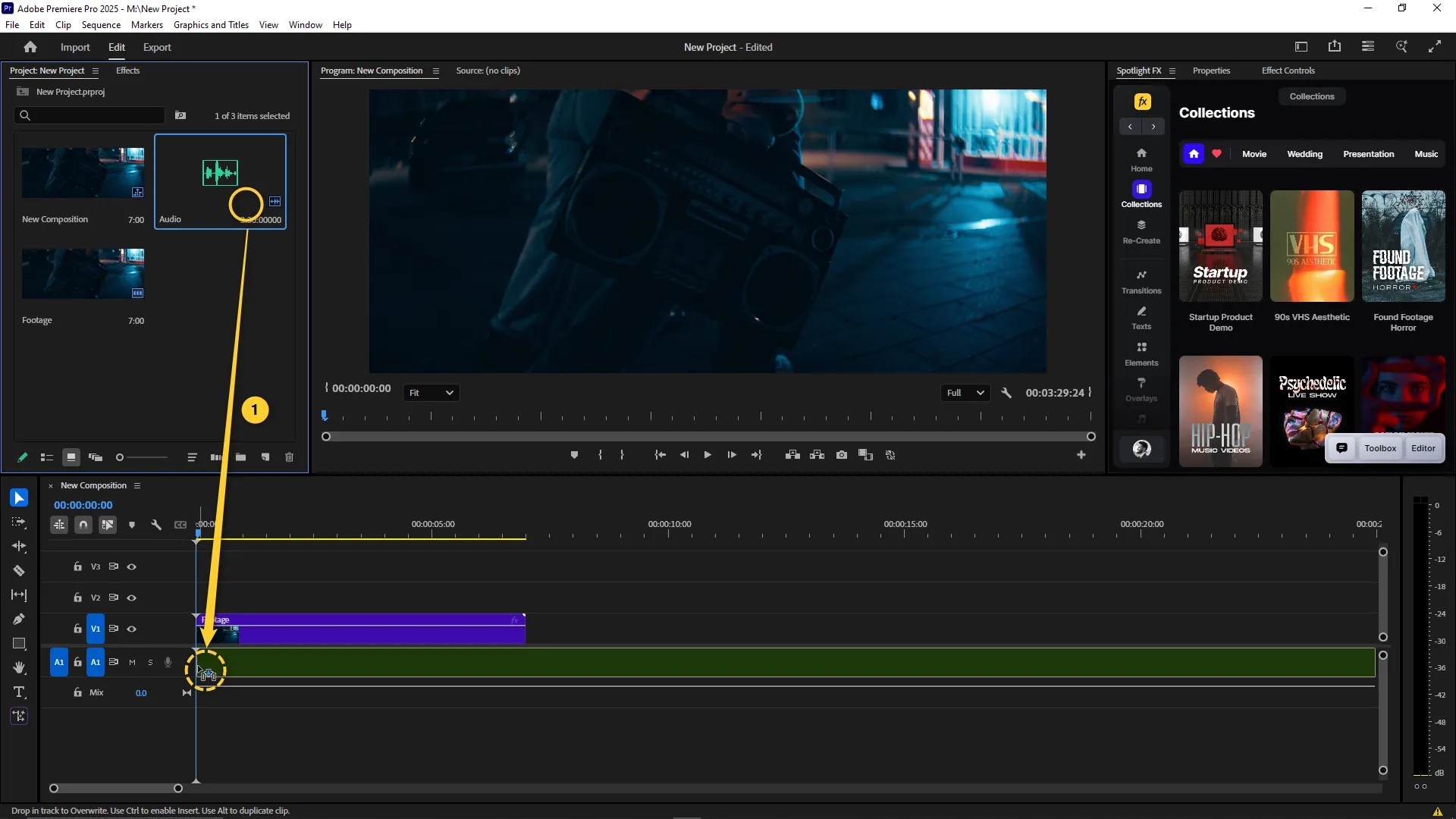 Audio clip from the project panel is being dragged into the A1 audio track on the timeline in Adobe Premiere Pro.