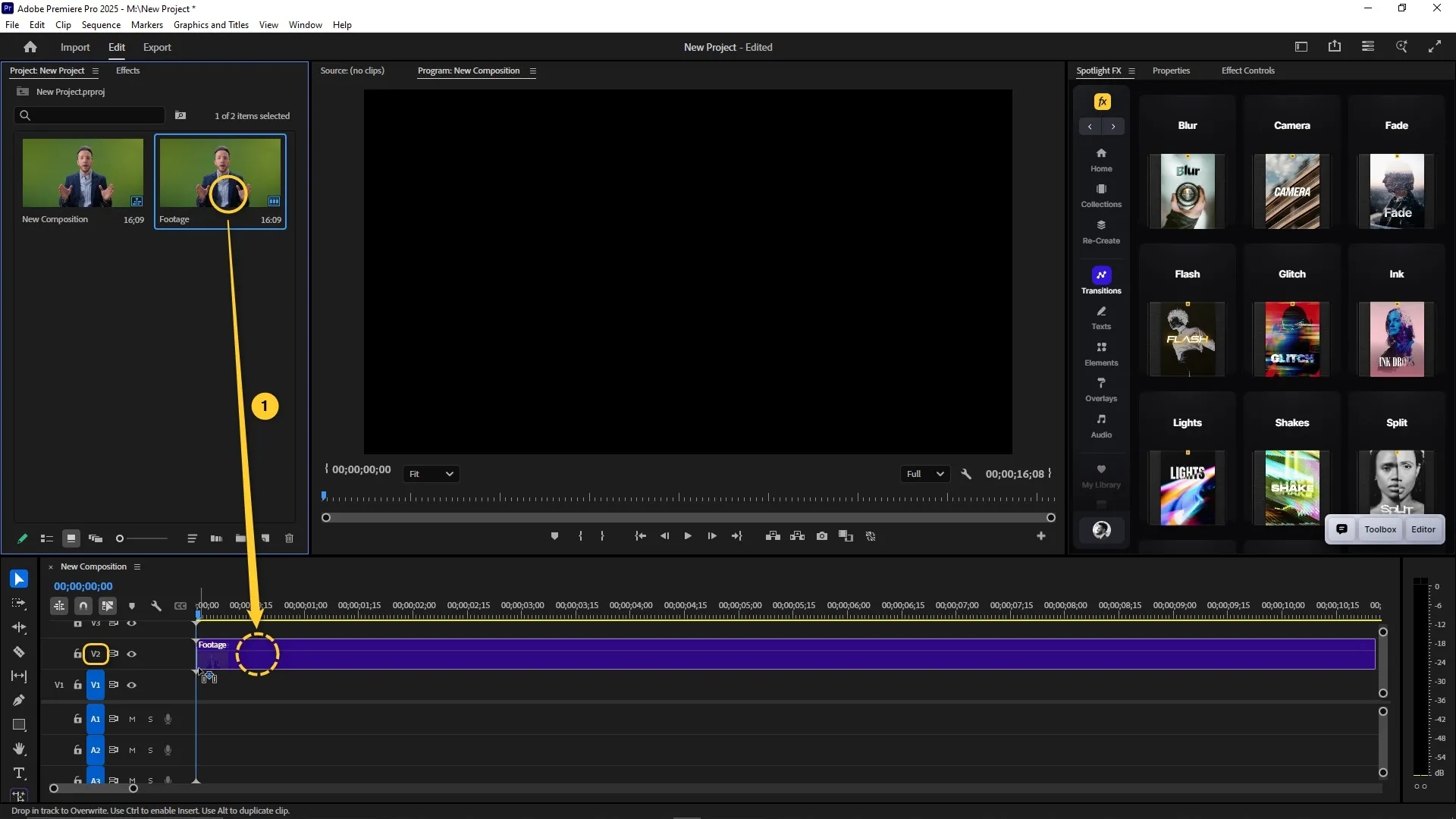 A video clip with a green screen background is dragged from the project panel into the V2 track on the timeline in Adobe Premiere Pro.