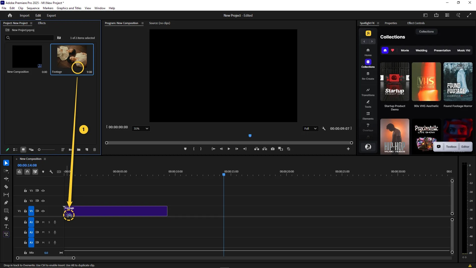 Premiere Pro interface with a video clip being dragged from the Project panel into the timeline on track V1