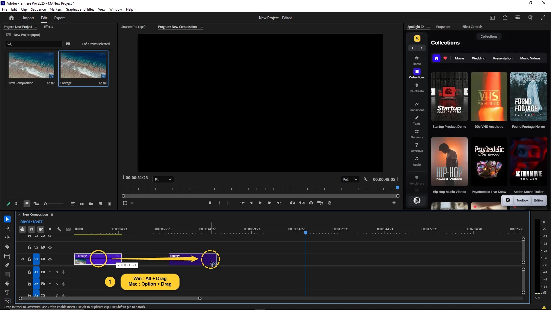 Timeline panel in Premiere Pro showing a video clip being duplicated by holding Alt (Windows) or Option (Mac) and dragging it to the right on the V1 track.
