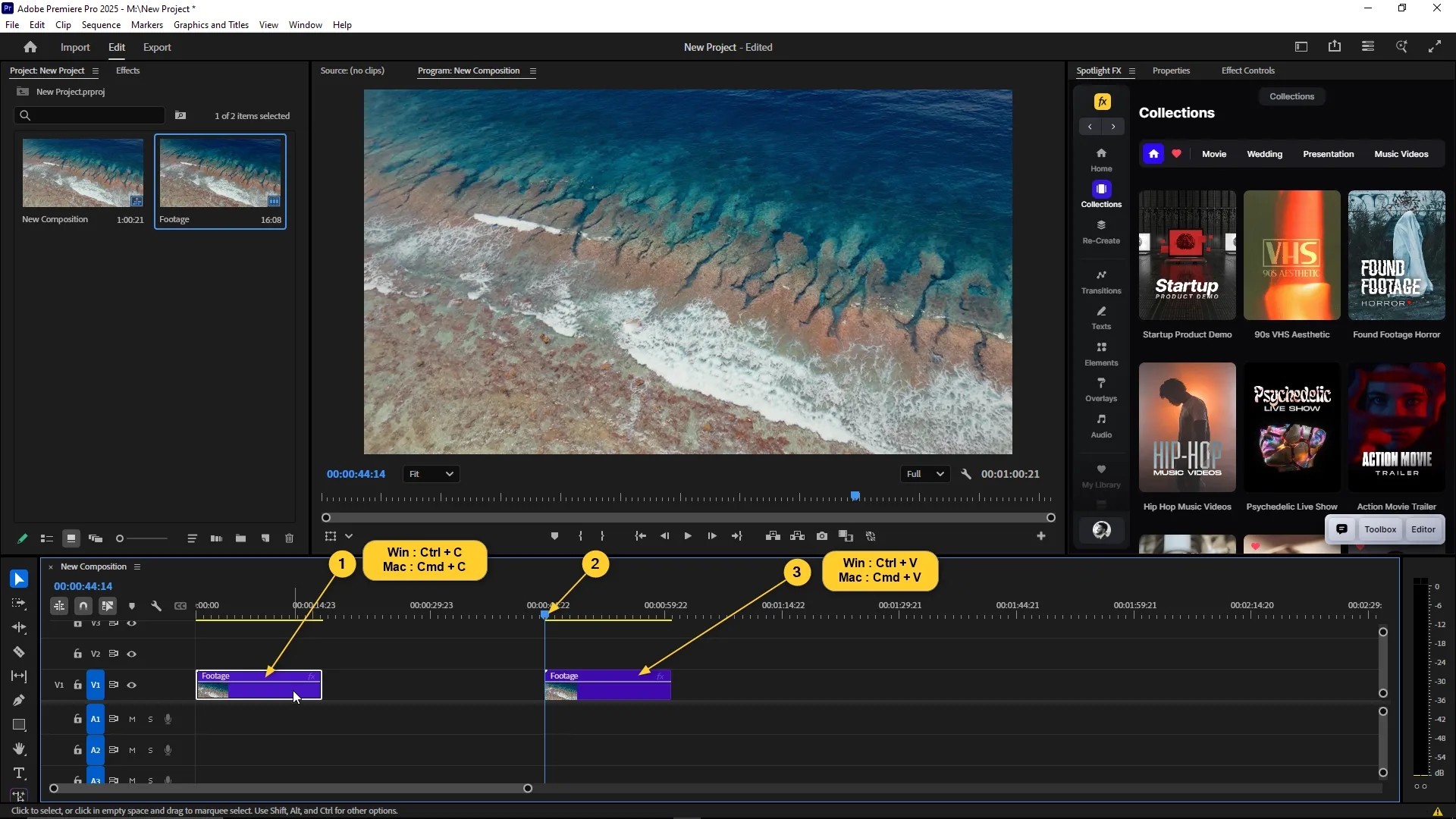 Timeline panel in Premiere Pro showing a video clip being duplicated using keyboard shortcuts Ctrl+C and Ctrl+V on Windows or Cmd+C and Cmd+V on Mac.